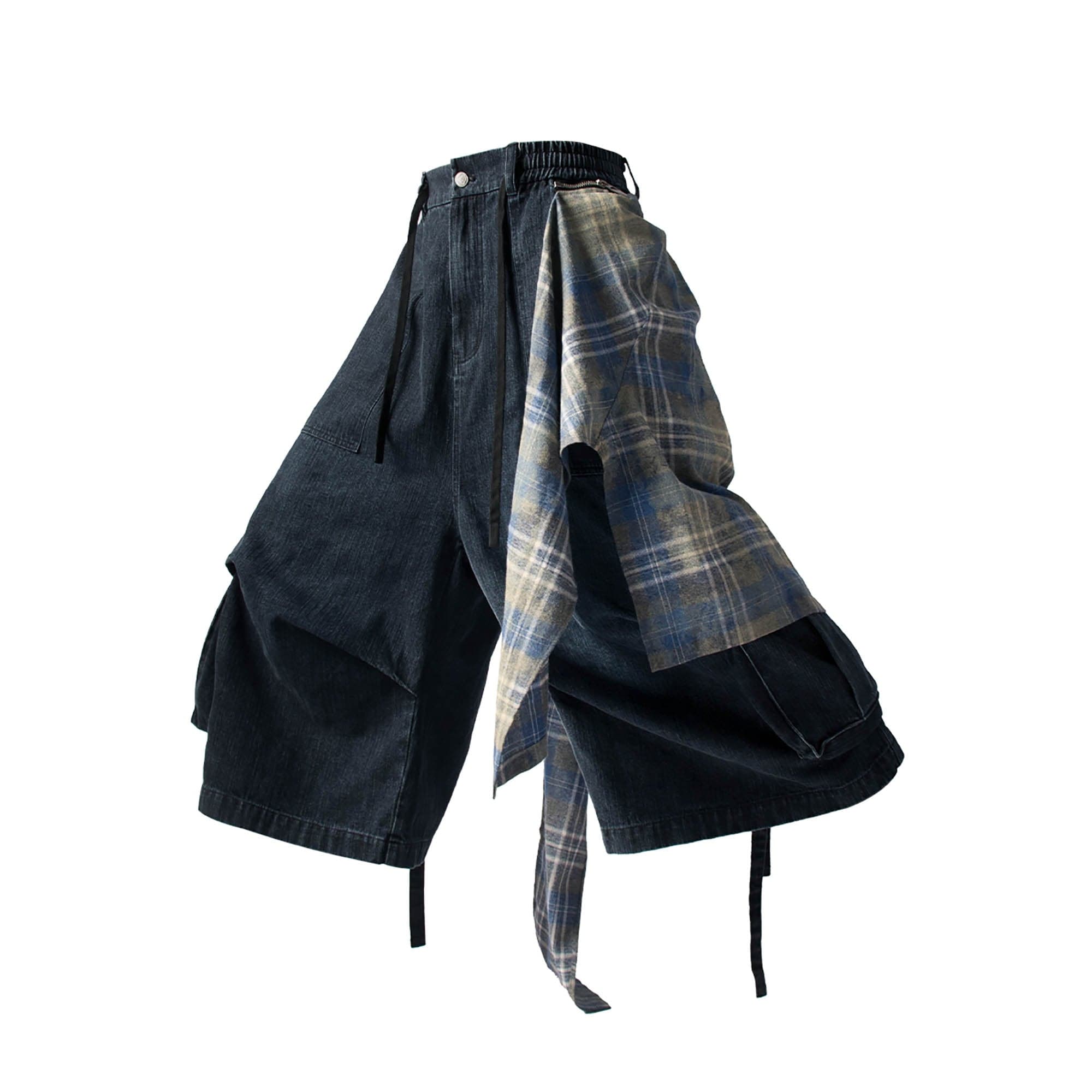 RELABEL Detachable Plaid Drape Denim Shorts, premium urban and streetwear designers apparel on PROJECTISR.com, RELABEL