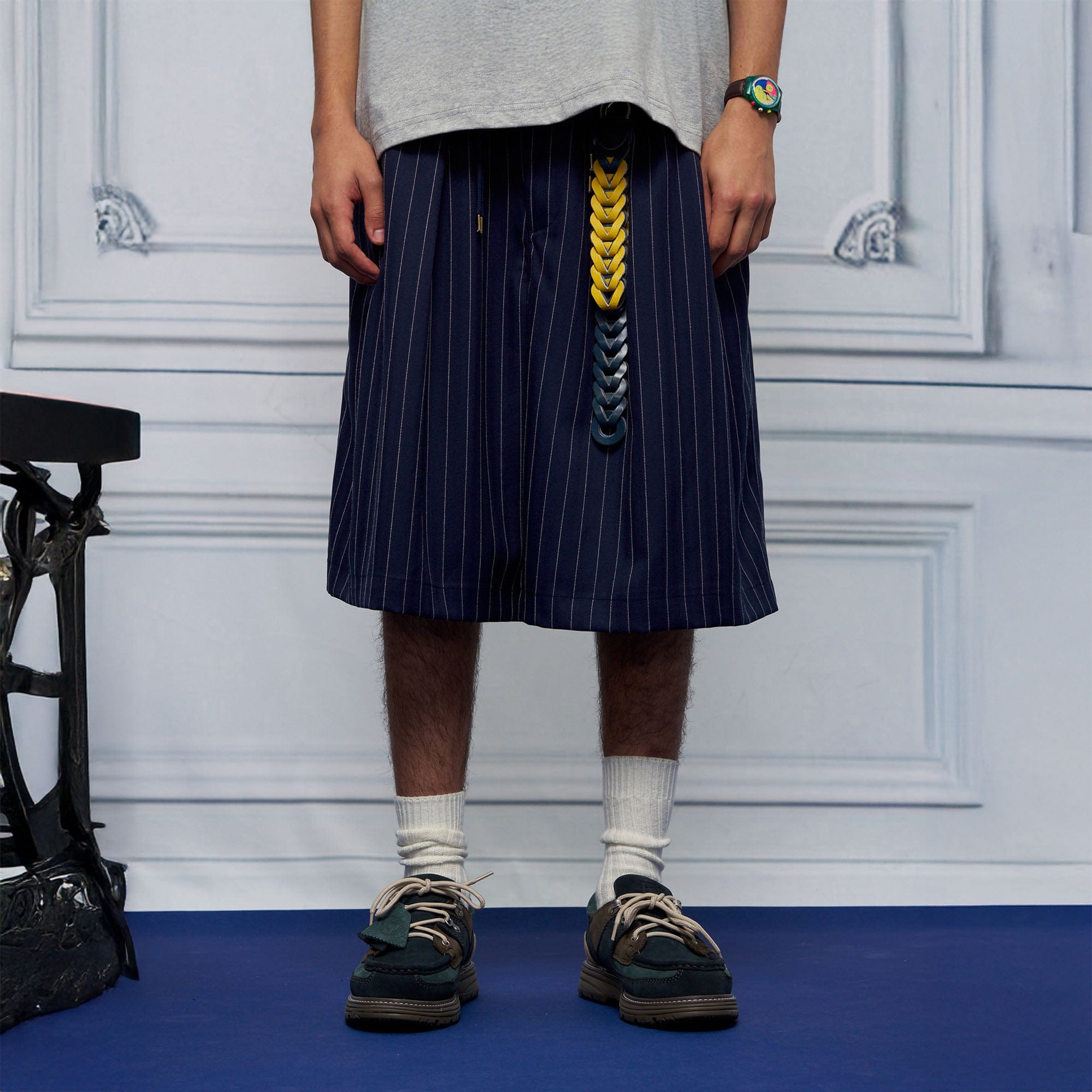 UNLIMITED MOTE Pleated Wide-Leg Drawstring Shorts Stripe, premium urban and streetwear designers apparel on PROJECTISR.com, UNLIMITED MOTE