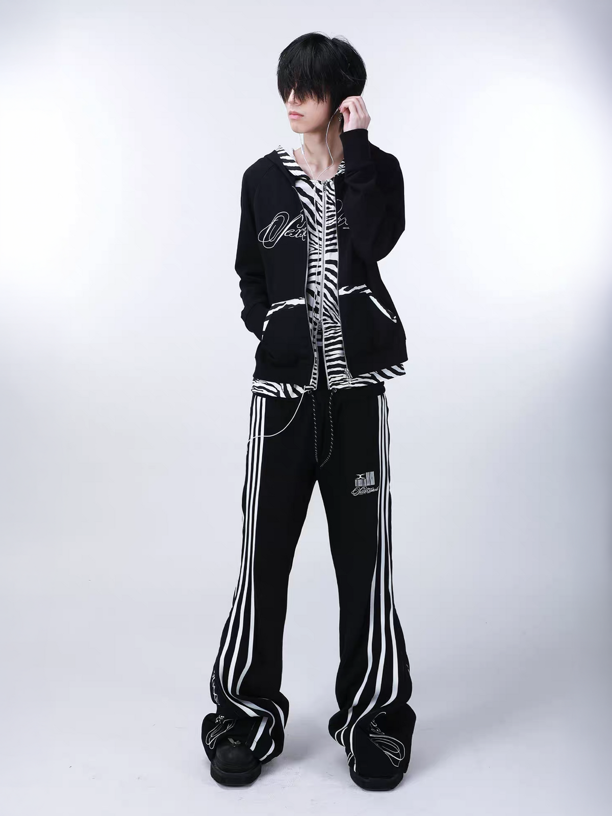 SEXXDEVIL Striped Deconstructed Zippered Embroidered Sweatpants