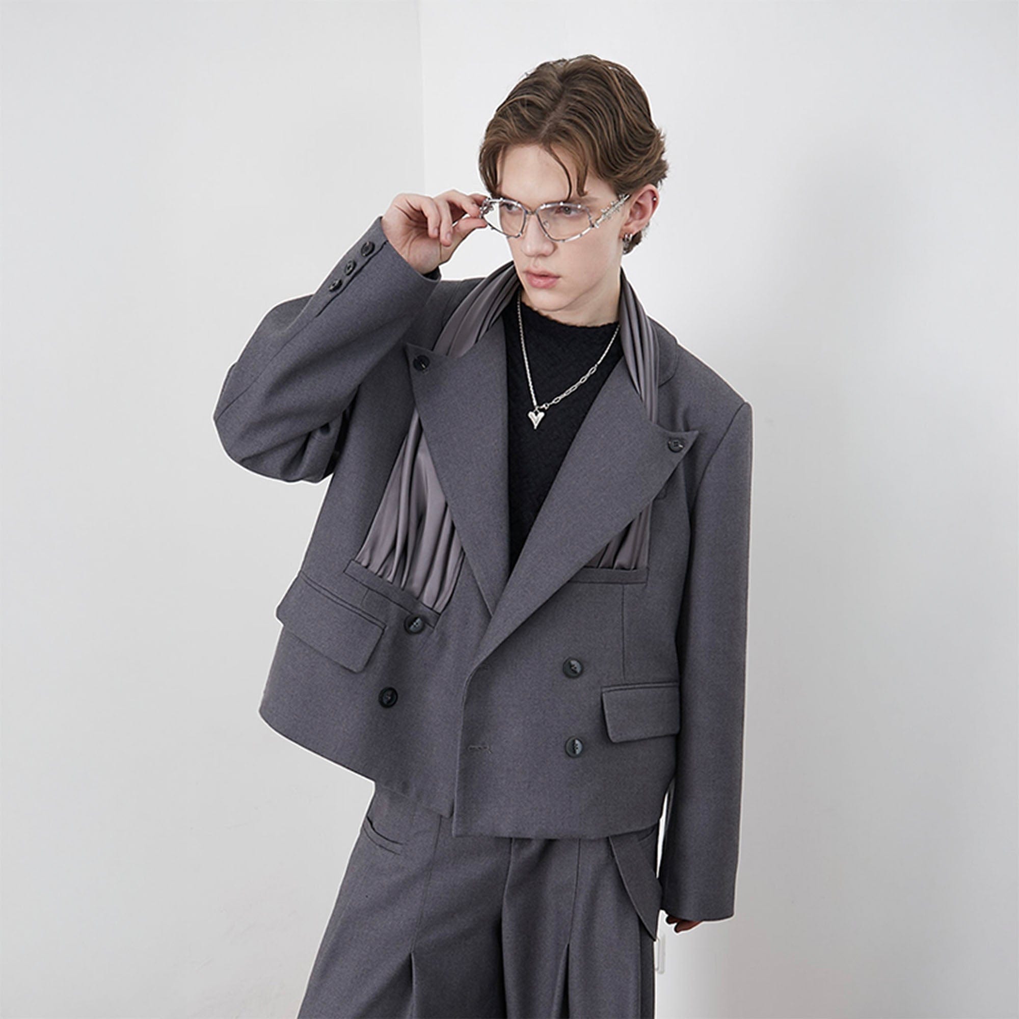 ASSEEN Pleated Panel Double-Breasted Blazer, premium urban and streetwear designers apparel on PROJECTISR.com, ASSEEN
