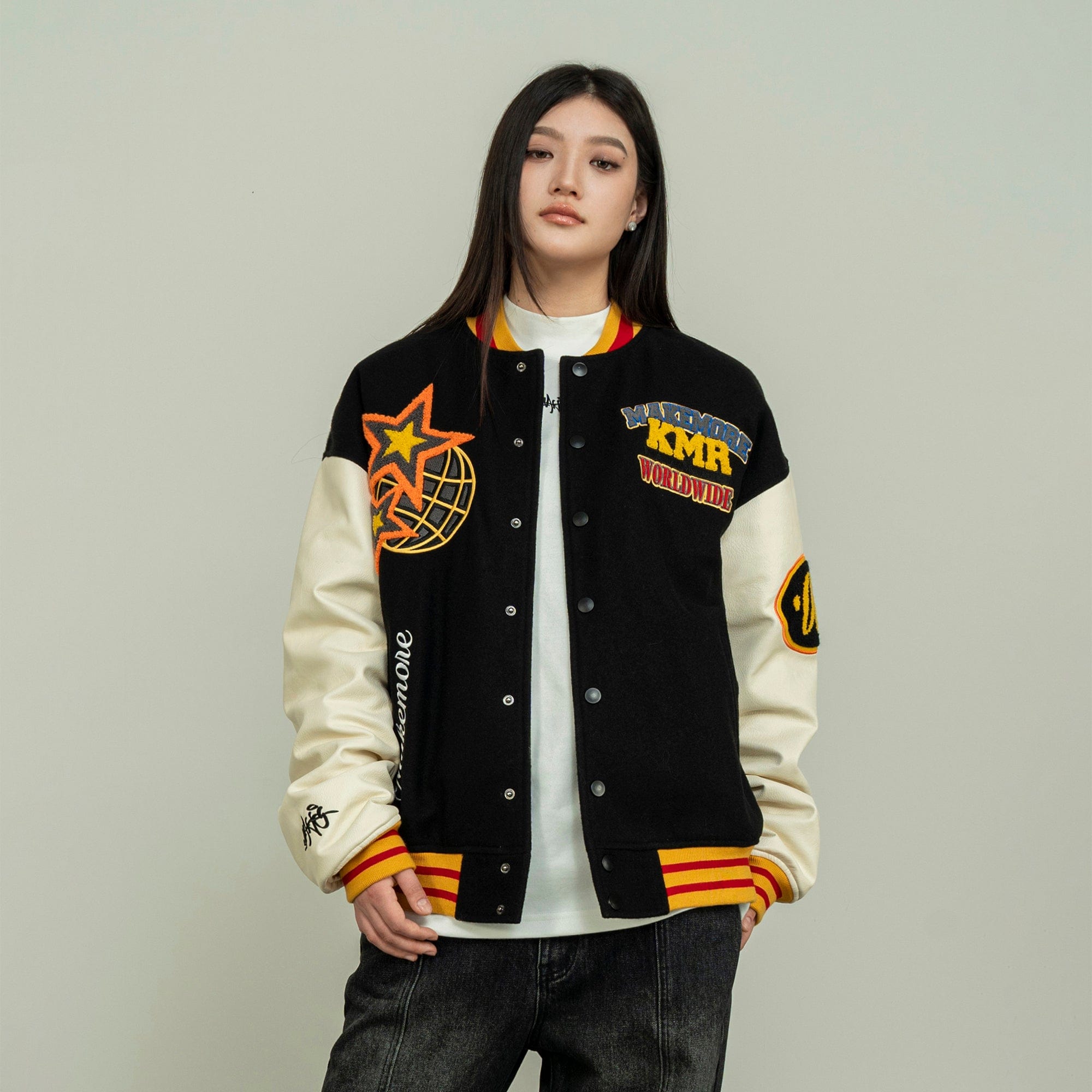 MAKEMORE KMR Patchwork Baseball Jacket, premium urban and streetwear designers apparel on PROJECTISR.com, MAKEMORE
