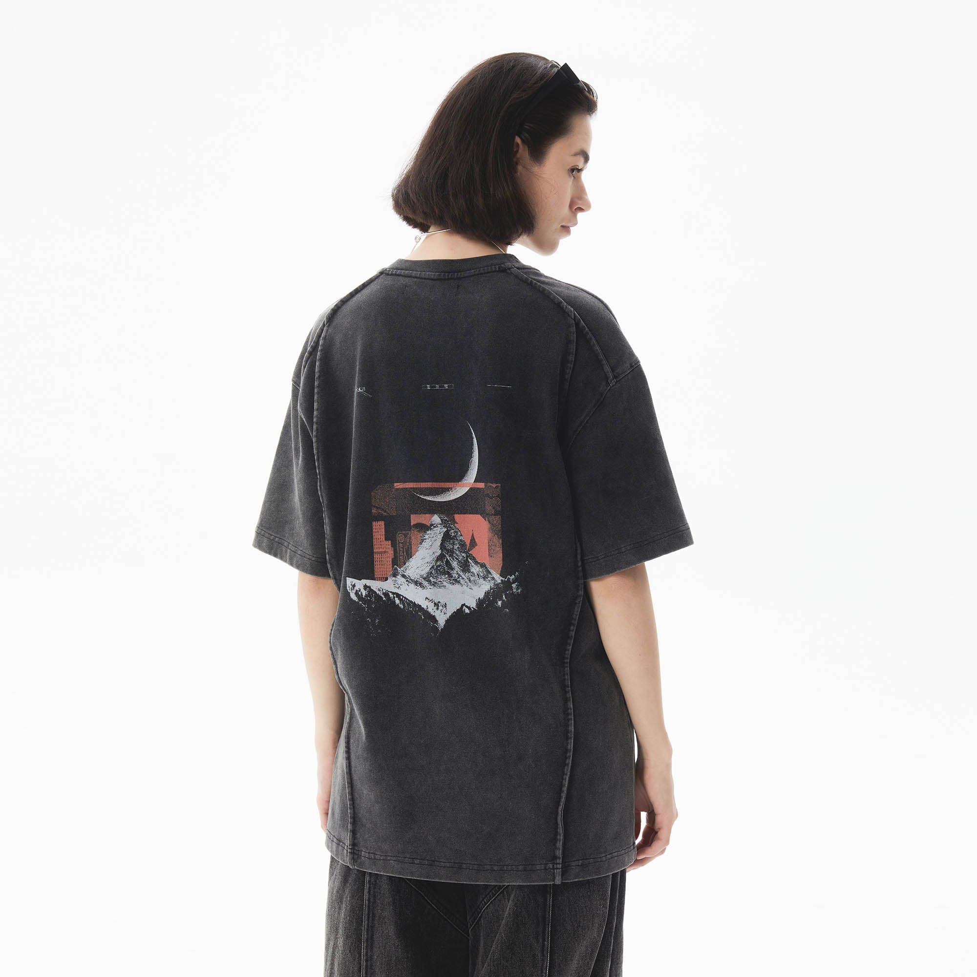 ERROR CODE ROBOT Mountain Moon Graphic Washed Spliced T-Shirt, premium urban and streetwear designers apparel on PROJECTISR.com, ERROR CODE ROBOT