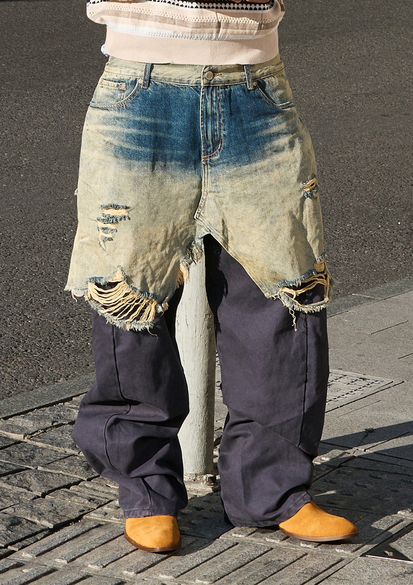 STEEPC Distressed Layered Denim Overlay Pants, premium urban and streetwear designers apparel on PROJECTISR.com, STEEPC