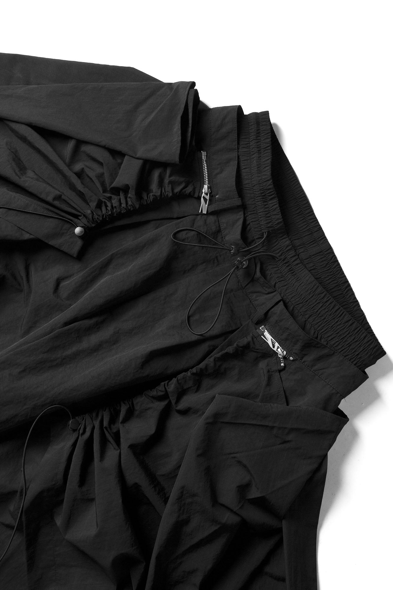 RELABEL Drawstring Layered Double-Waistband Parachute Pants Black, premium urban and streetwear designers apparel on PROJECTISR.com, RELABEL
