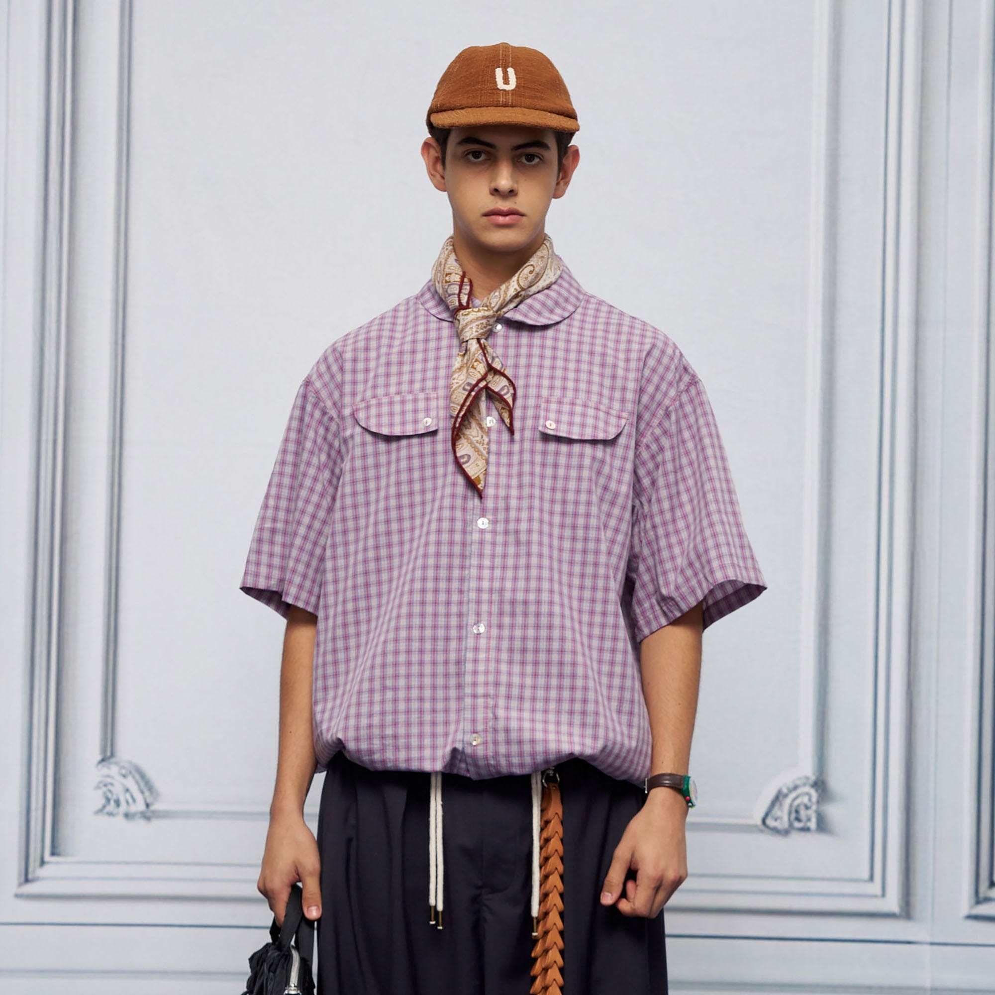 UNLIMITED MOTE Drawstring Hem Plaid Peter Pan Collar Half Shirt, premium urban and streetwear designers apparel on PROJECTISR.com, UNLIMITED MOTE