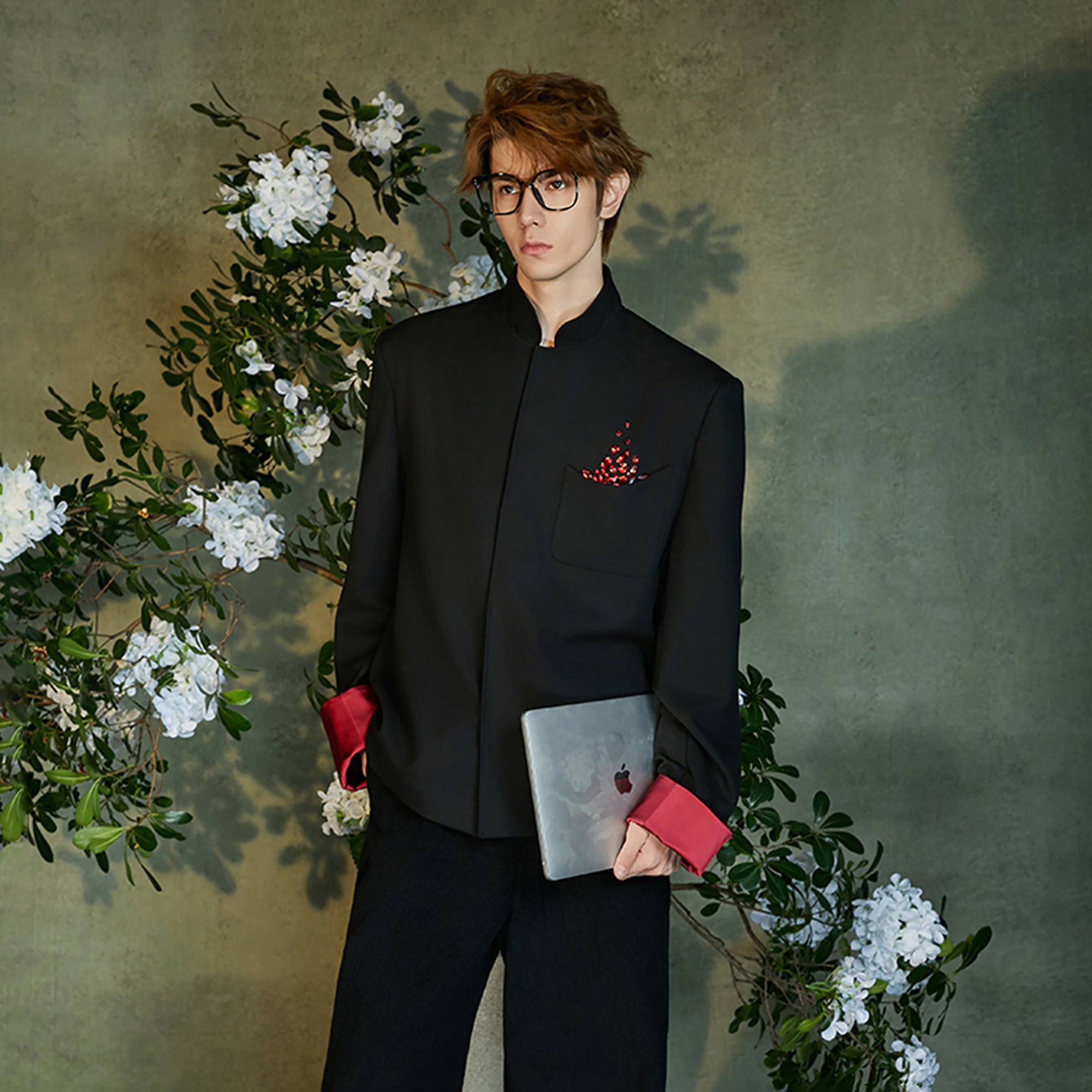 JIECHI Diamond Embellished Contrast Cuffs Mandarin Blazer