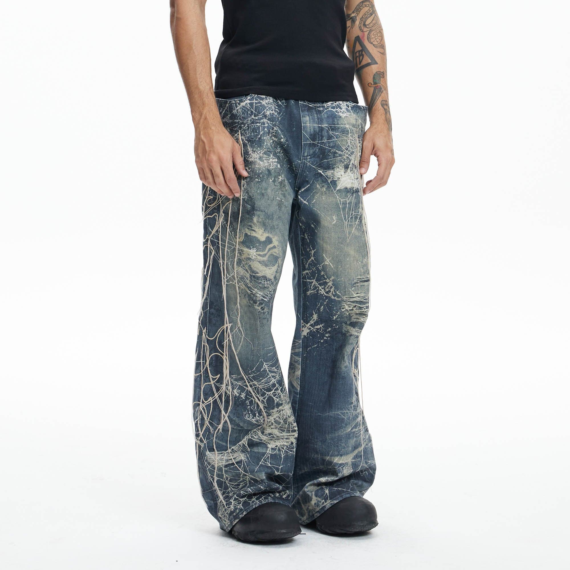 DND4DES Distressed Spider Web Embroidered Jeans, premium urban and streetwear designers apparel on PROJECTISR.com, DND4DES