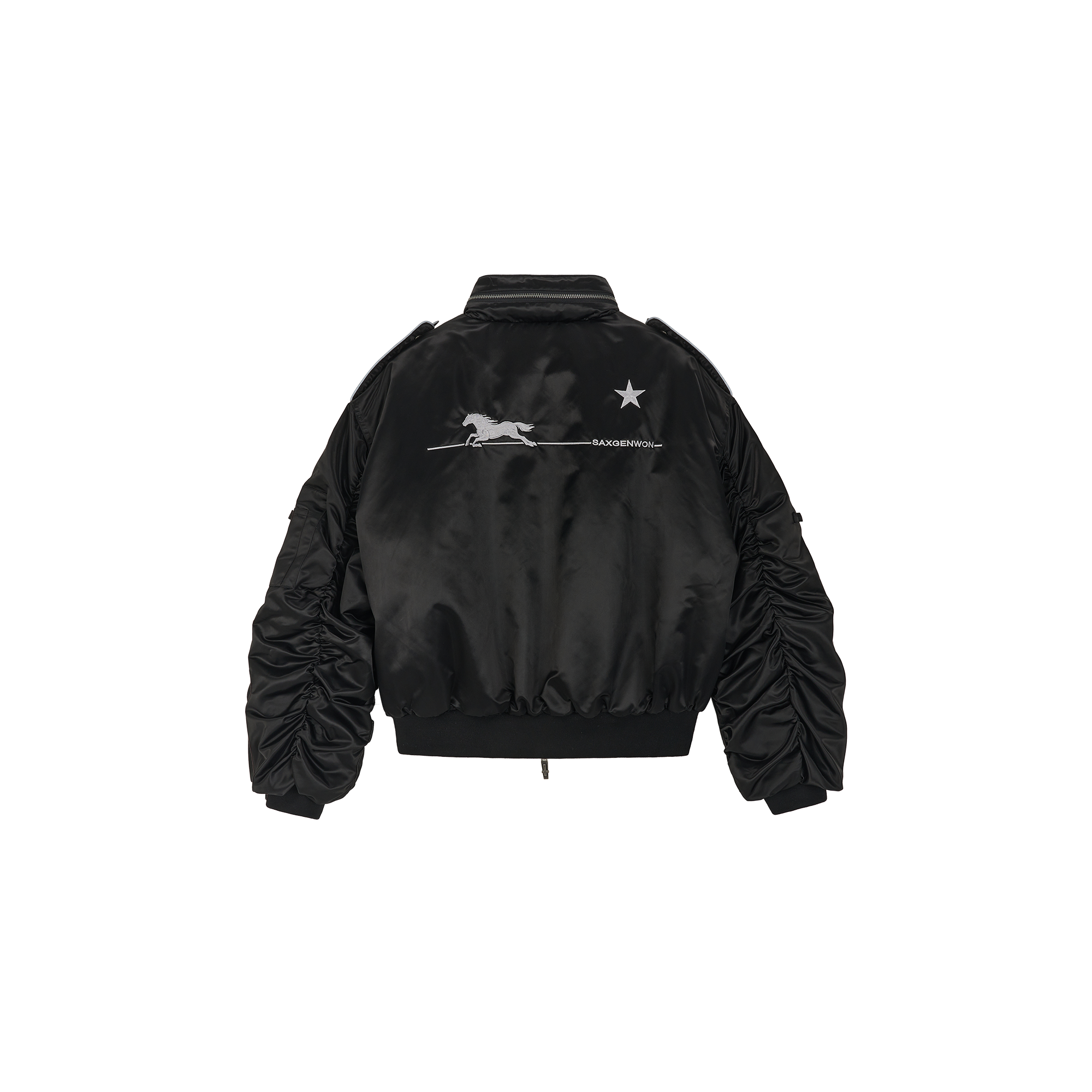 SAVAGEGROWTHWORLD Embroidered Ruched-Sleeve Reflective-Stripe Bomber, premium urban and streetwear designers apparel on PROJECTISR.com, SAVAGEGROWTHWORLD