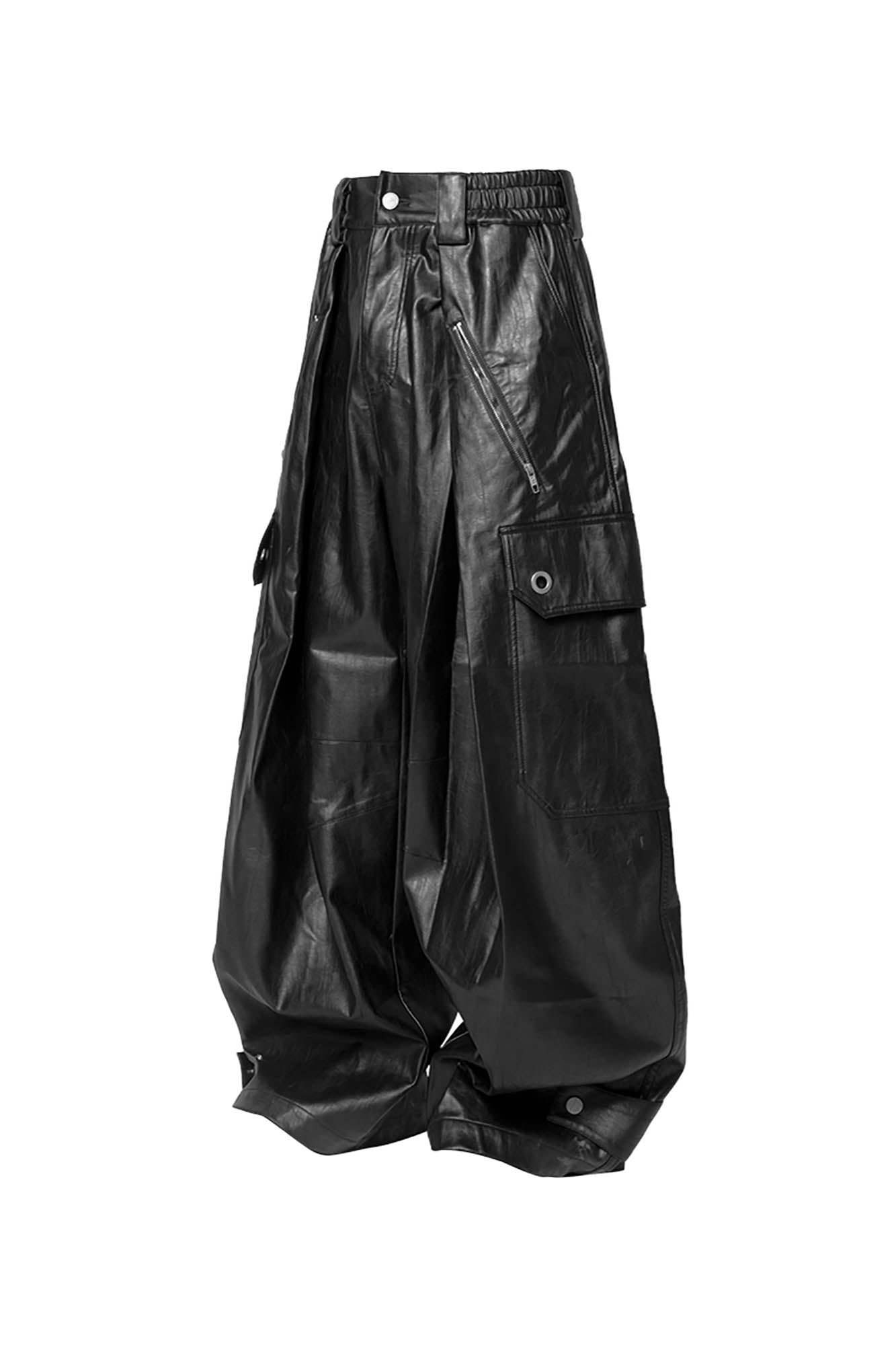 RELABEL Multi-Pocket Pleated Faux Leather Wide-Leg Pants, premium urban and streetwear designers apparel on PROJECTISR.com, RELABEL