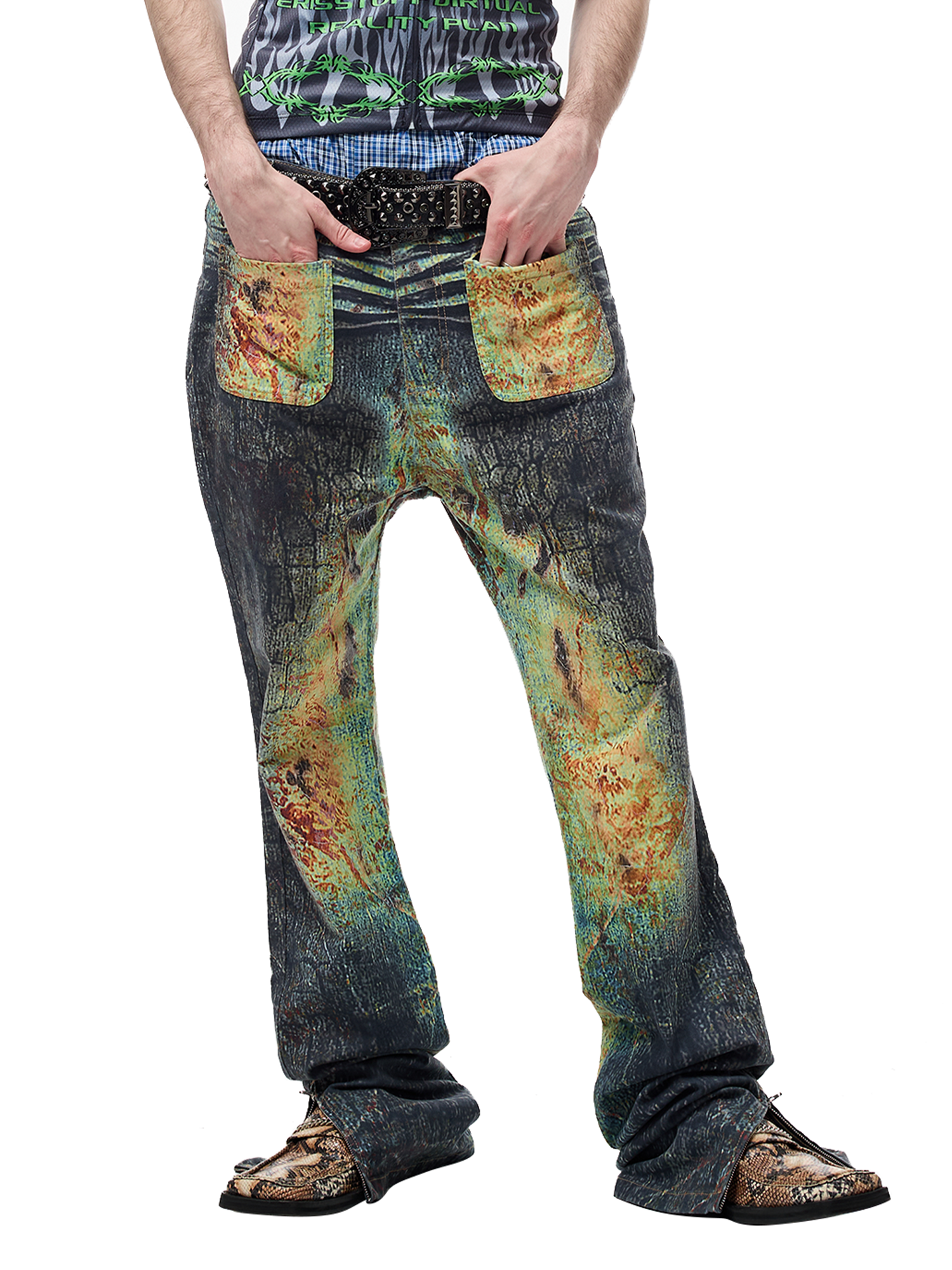 CYCYCY Iridescent Croc Full-Print Slim Flared Jeans