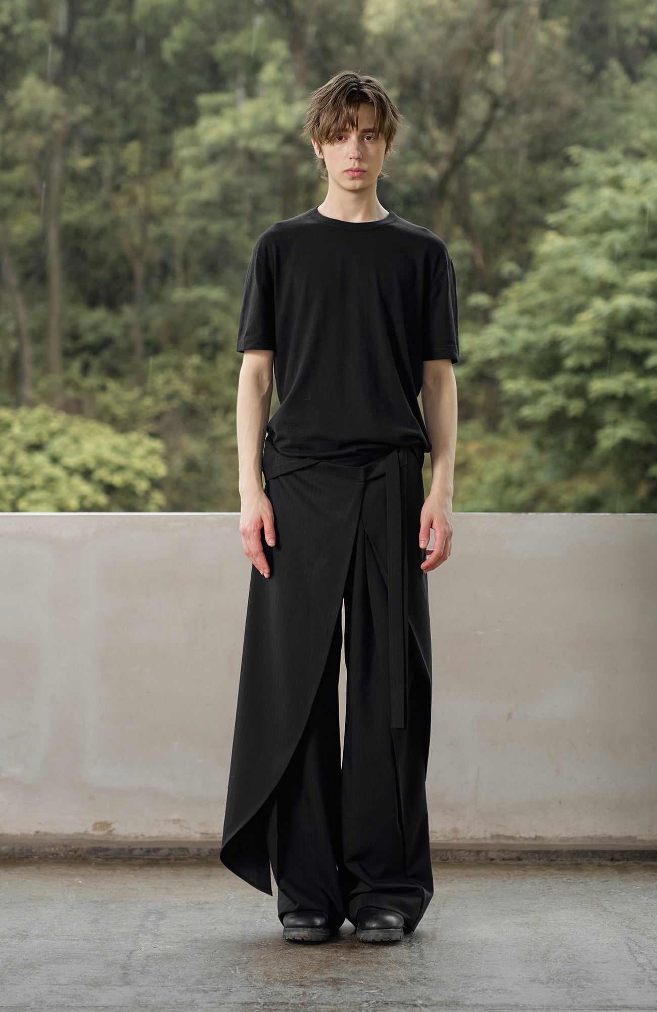MOITIEDEPETALE Detachable Wrap Panel Slanted Pleat Trousers
