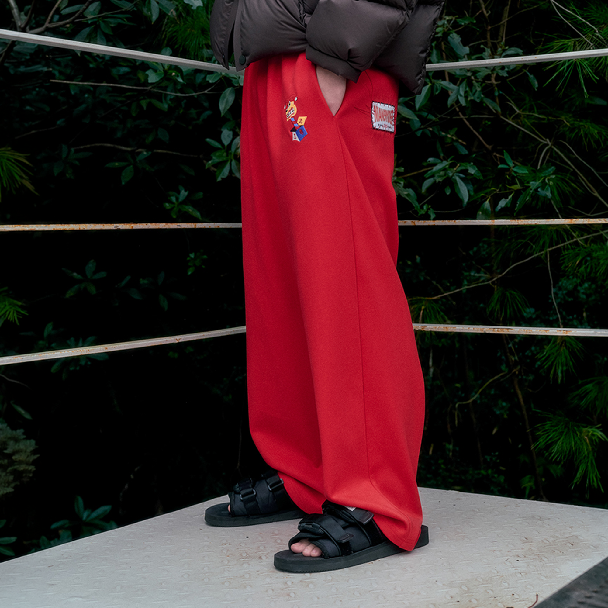 NIANJIUYIKOUER Straight-Leg Embroidered Patch Sweatpants, premium urban and streetwear designers apparel on PROJECTISR.com, NIANJIUYIKOUER