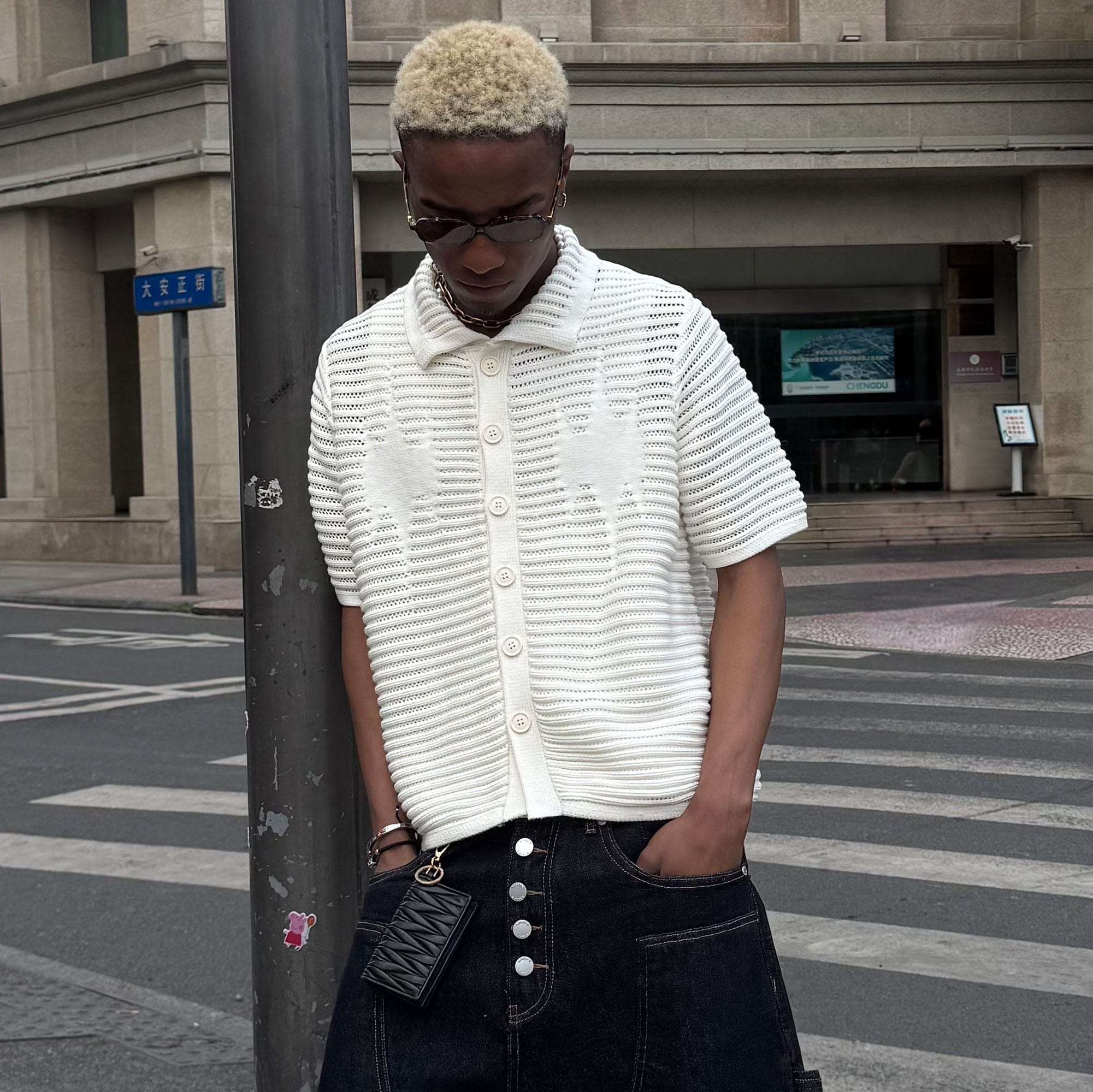 STEEPC Hollow-Out Knit Polo Half Shirt, premium urban and streetwear designers apparel on PROJECTISR.com, STEEPC