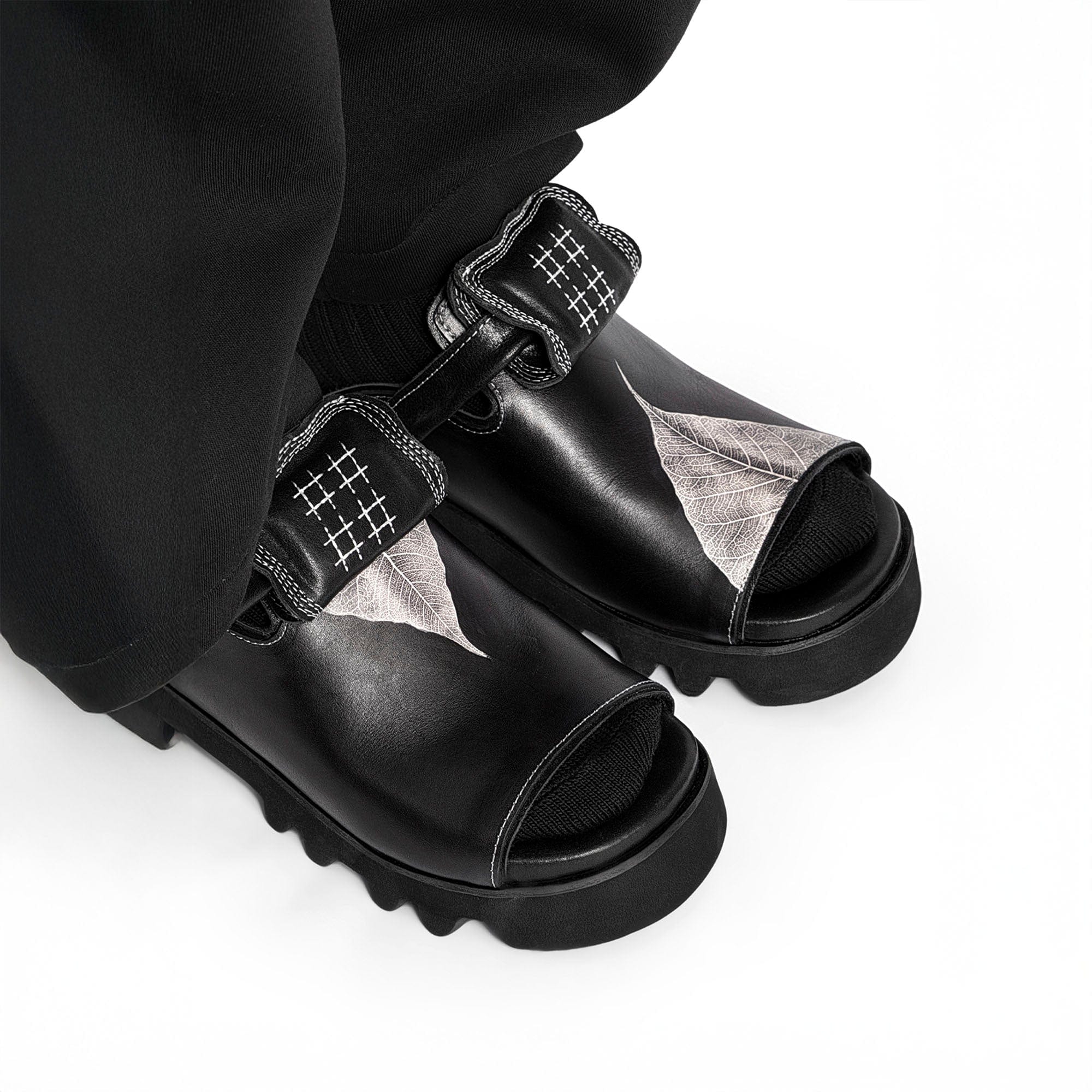 REWRITE Leaf Cowhide Sandals Black, premium urban and streetwear designers apparel on PROJECTISR.com, REWRITE