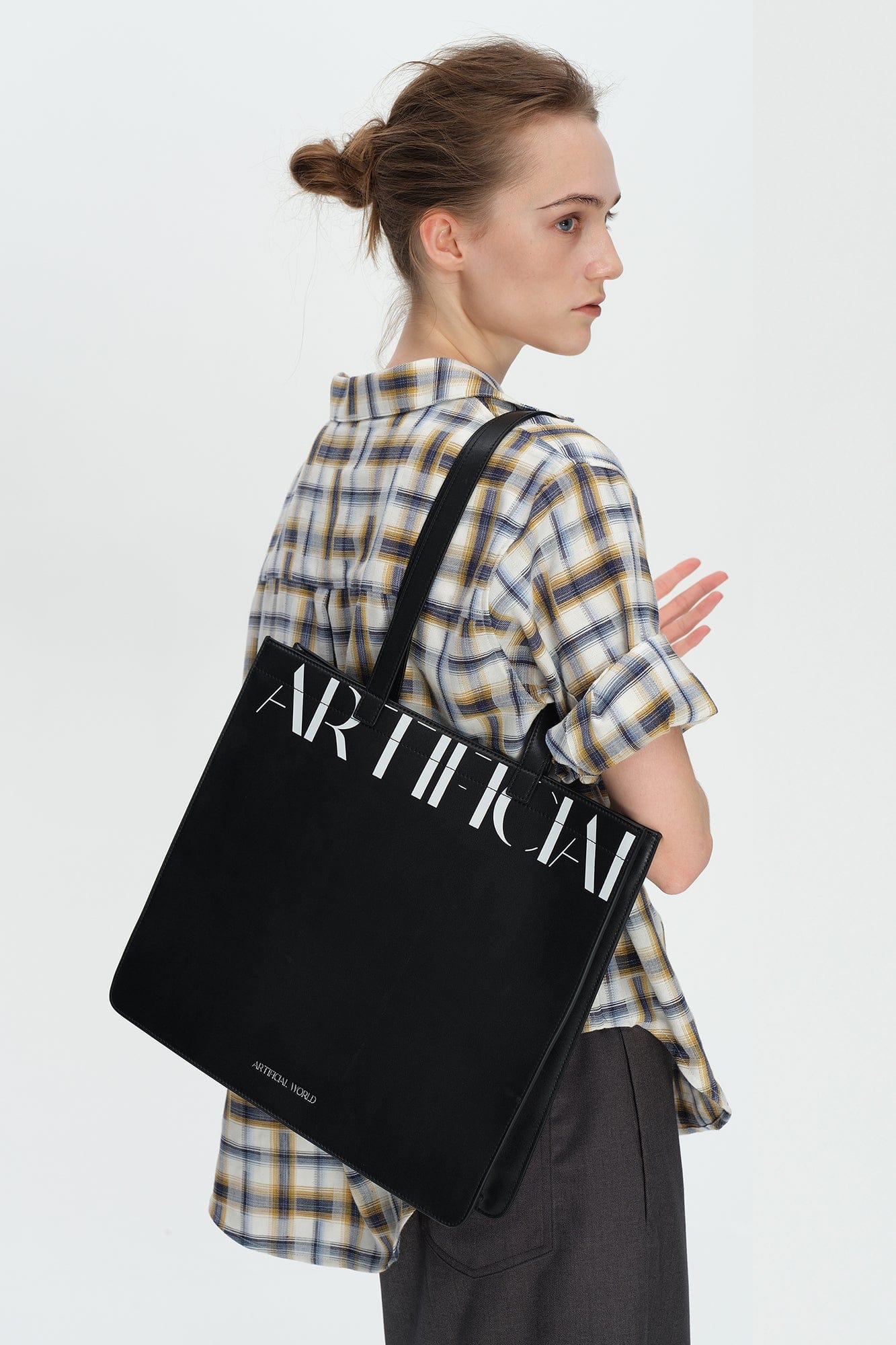 ARTIFICIAL WORLD Logo Graphic Leather Tote Bag, premium urban and streetwear designers apparel on PROJECTISR.com, ARTIFICIAL WORLD