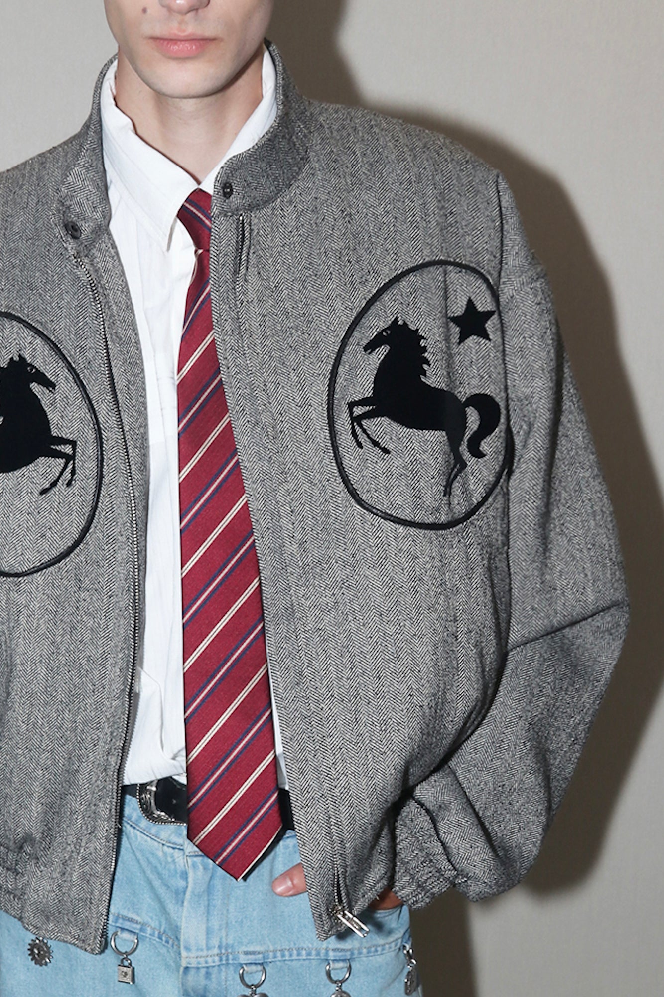ASSEEN Horse Graphic Herringbone Bomber Jacket