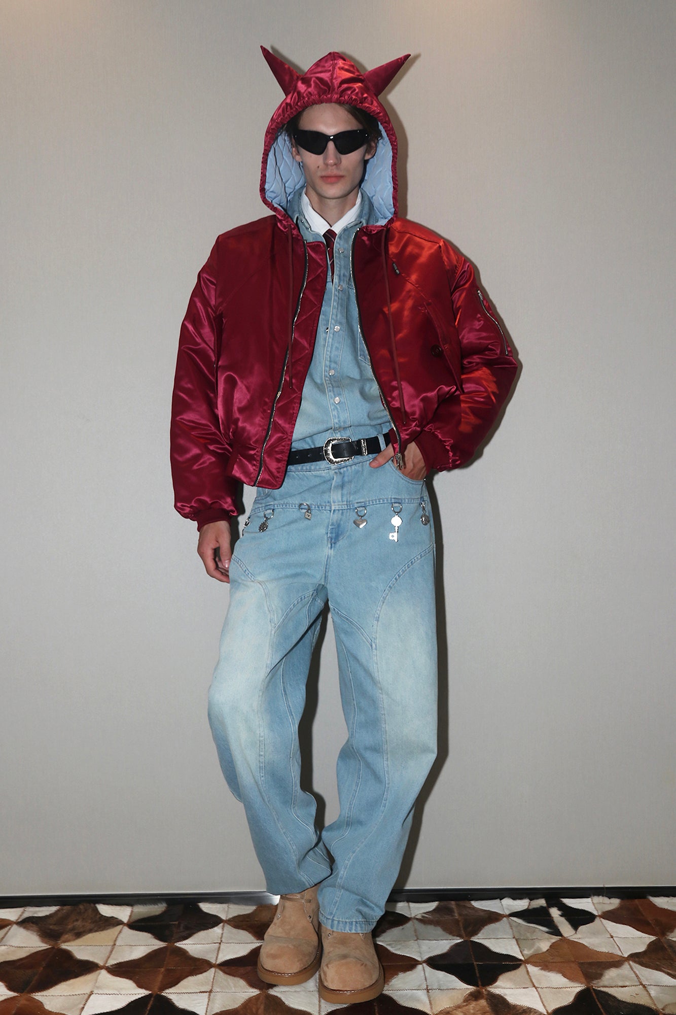 ASSEEN Devil-Horn Satin Hooded Bomber Jacket