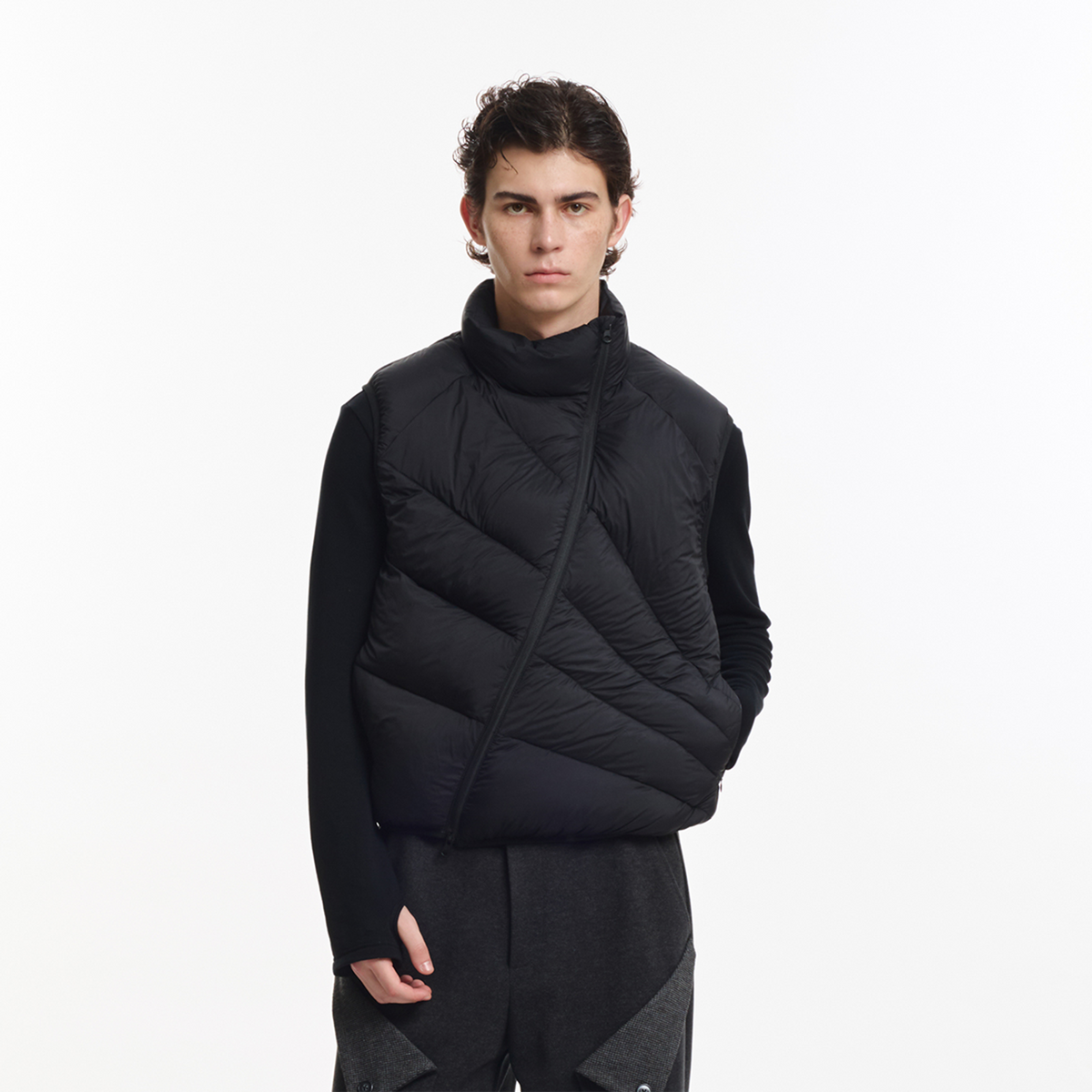 KREATE Asymmetrical Duck Down Ribbed Zip Vest