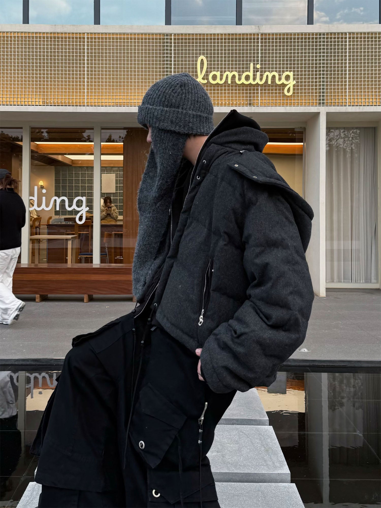 RELABEL Layered Detachable Hood Wool-Blend Puffer Jacket Gray