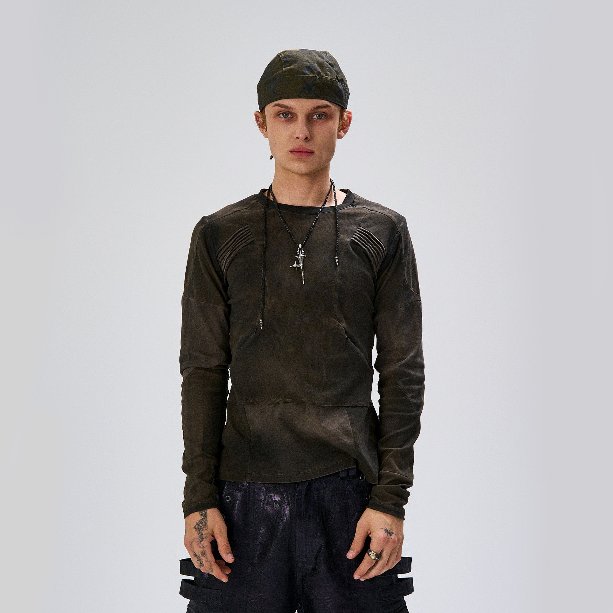 FLYERRER Washed Panelled Slim-Fit Long-Sleeve Tee, premium urban and streetwear designers apparel on PROJECTISR.com, FLYERRER