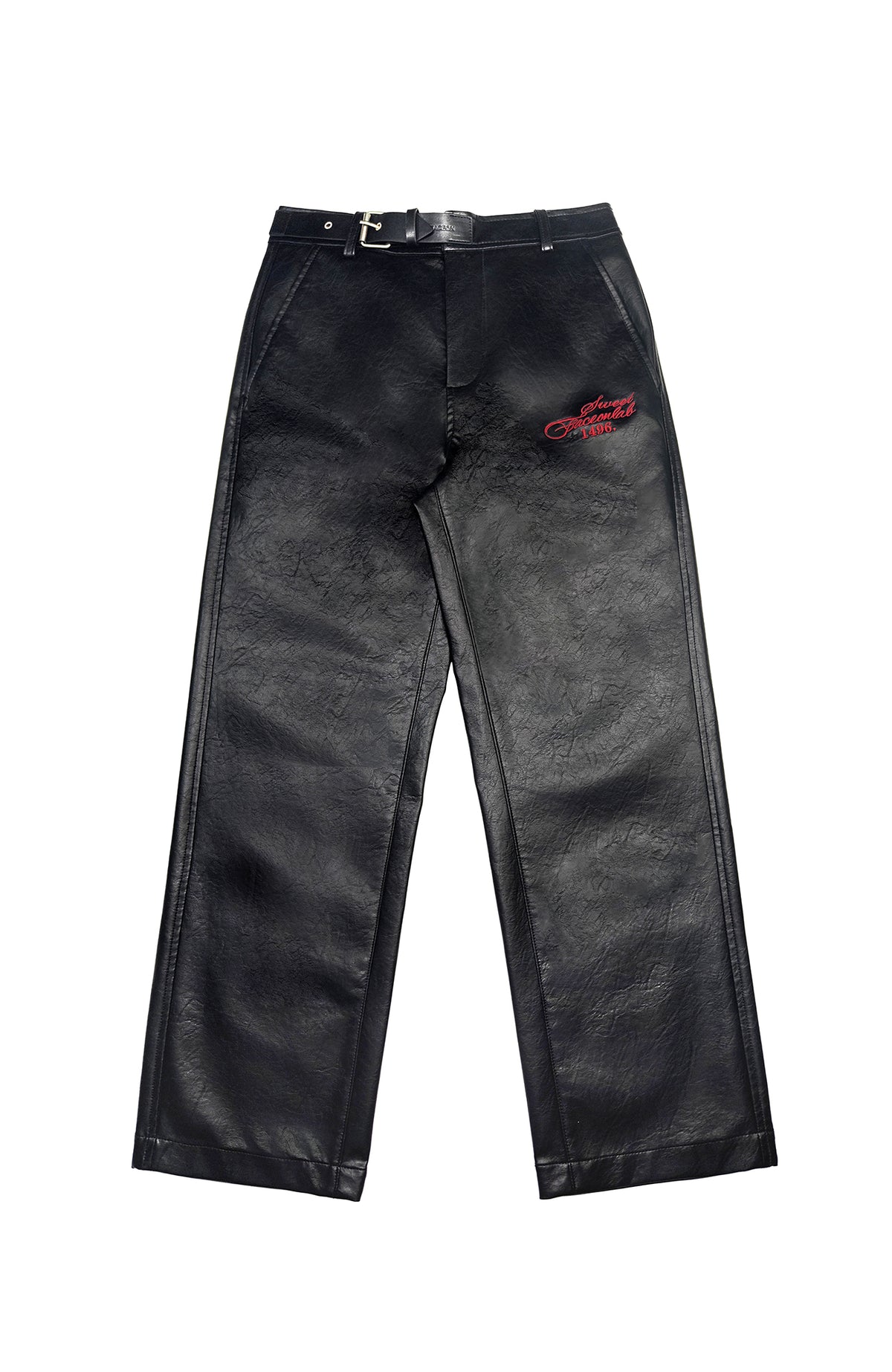 FACEONLAB Embroidered Straight-Leg Faux Leather Pants