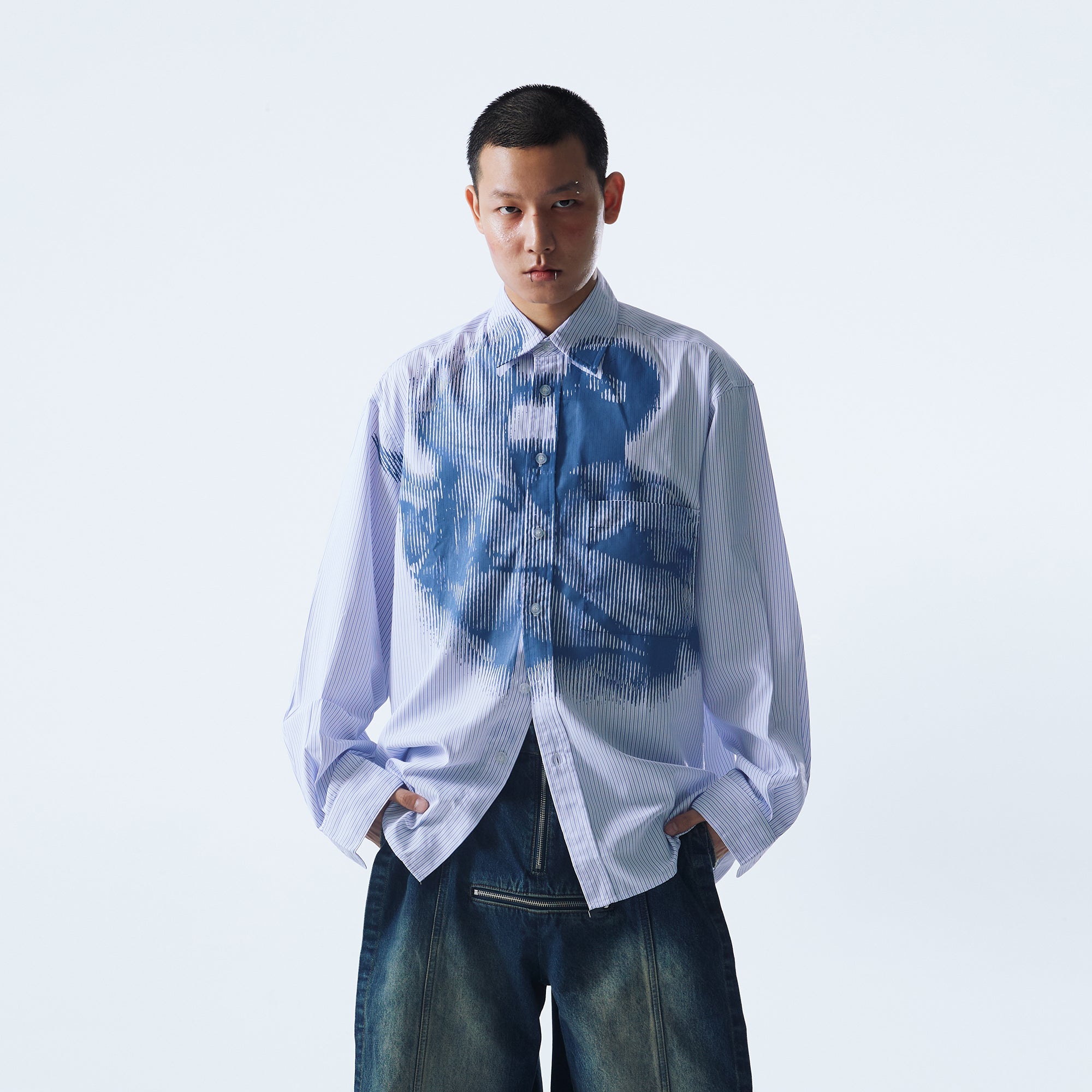 INTERRUPT Graphic Crinkled Striped Oversized Shirt