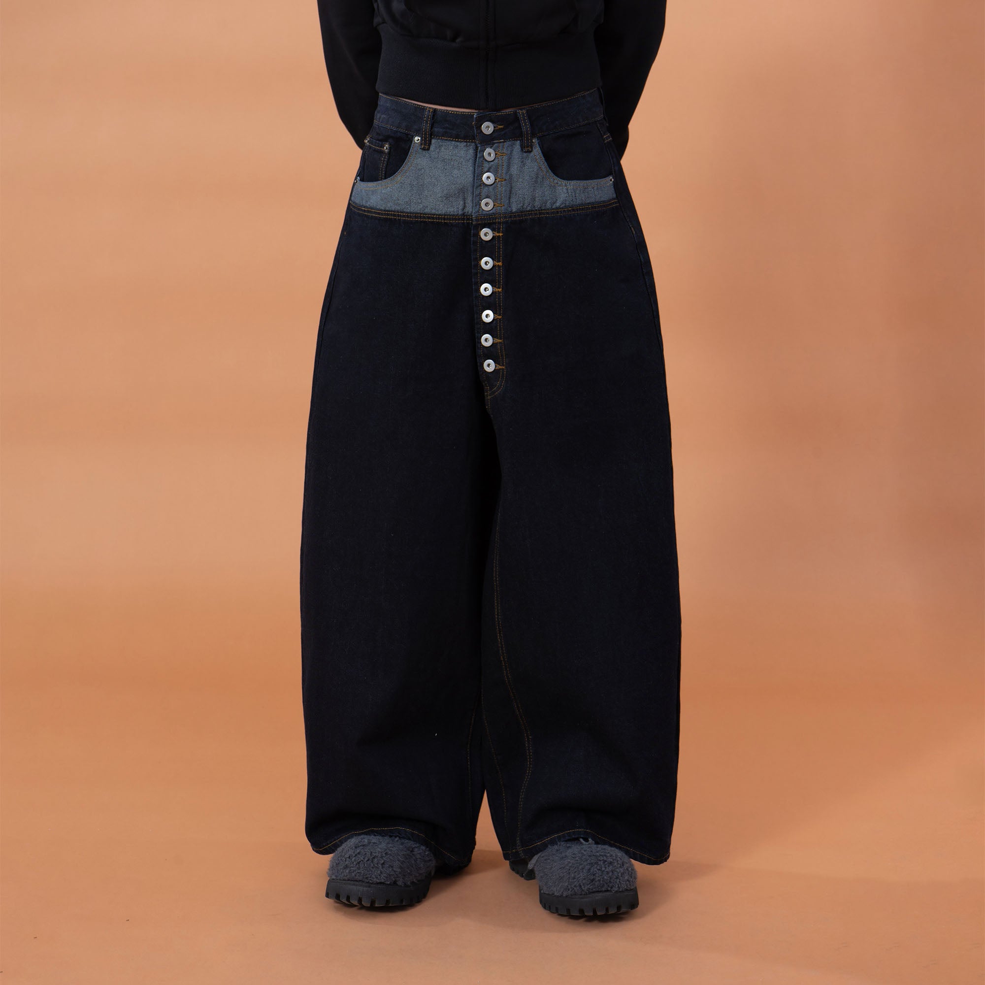 CLP Contrast-Waist Botton-Fly Oversized Raw Jeans, premium urban and streetwear designers apparel on PROJECTISR.com, CLP