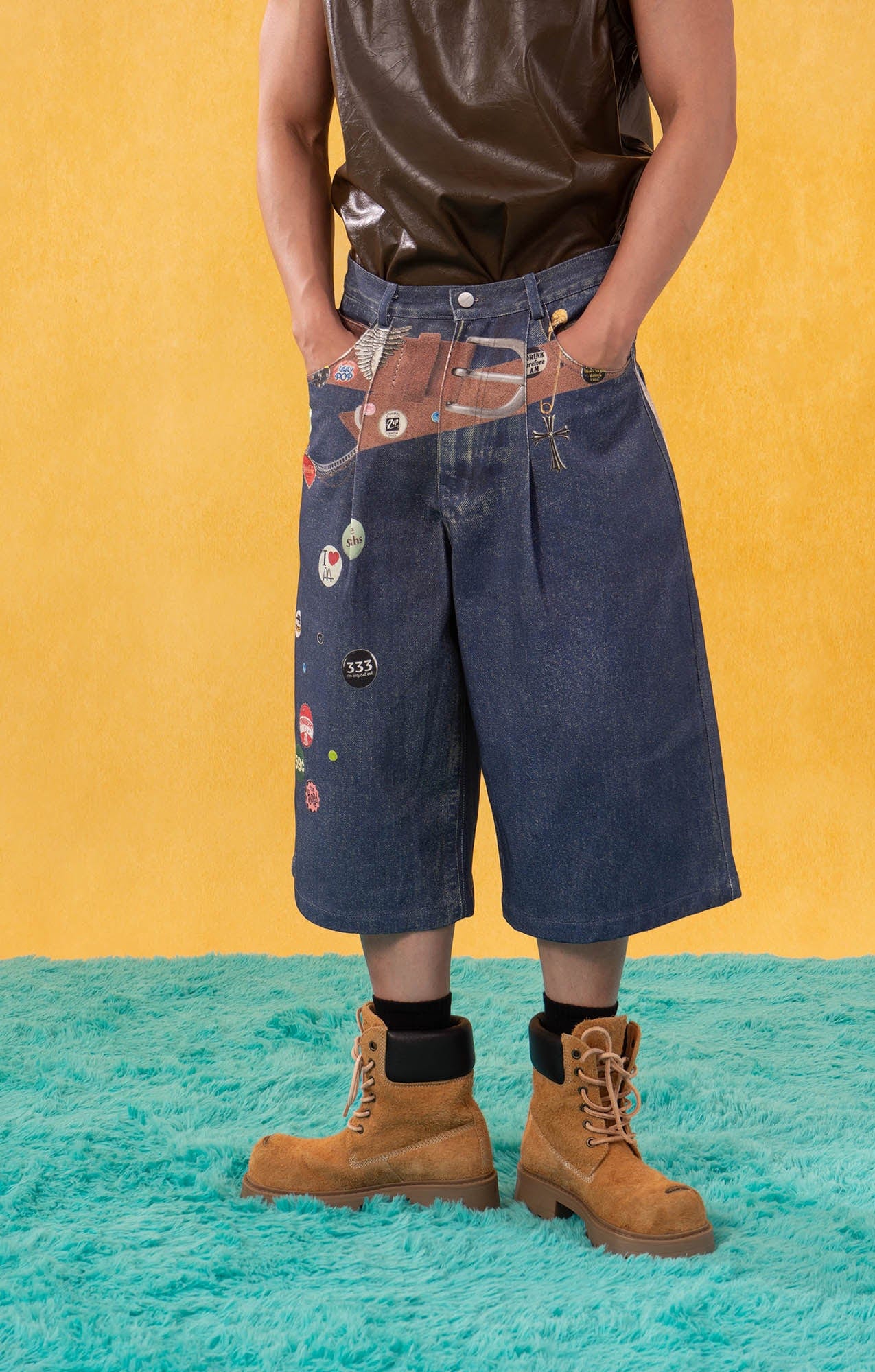 CLP Badge Belt Graphic Cropped Denim Shorts, premium urban and streetwear designers apparel on PROJECTISR.com, CLP