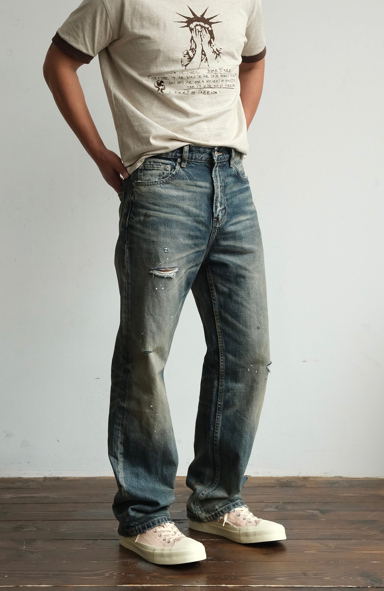 NEIGBORL Ripped Wash Straight-Leg Jeans, premium urban and streetwear designers apparel on PROJECTISR.com, NEIGBORL