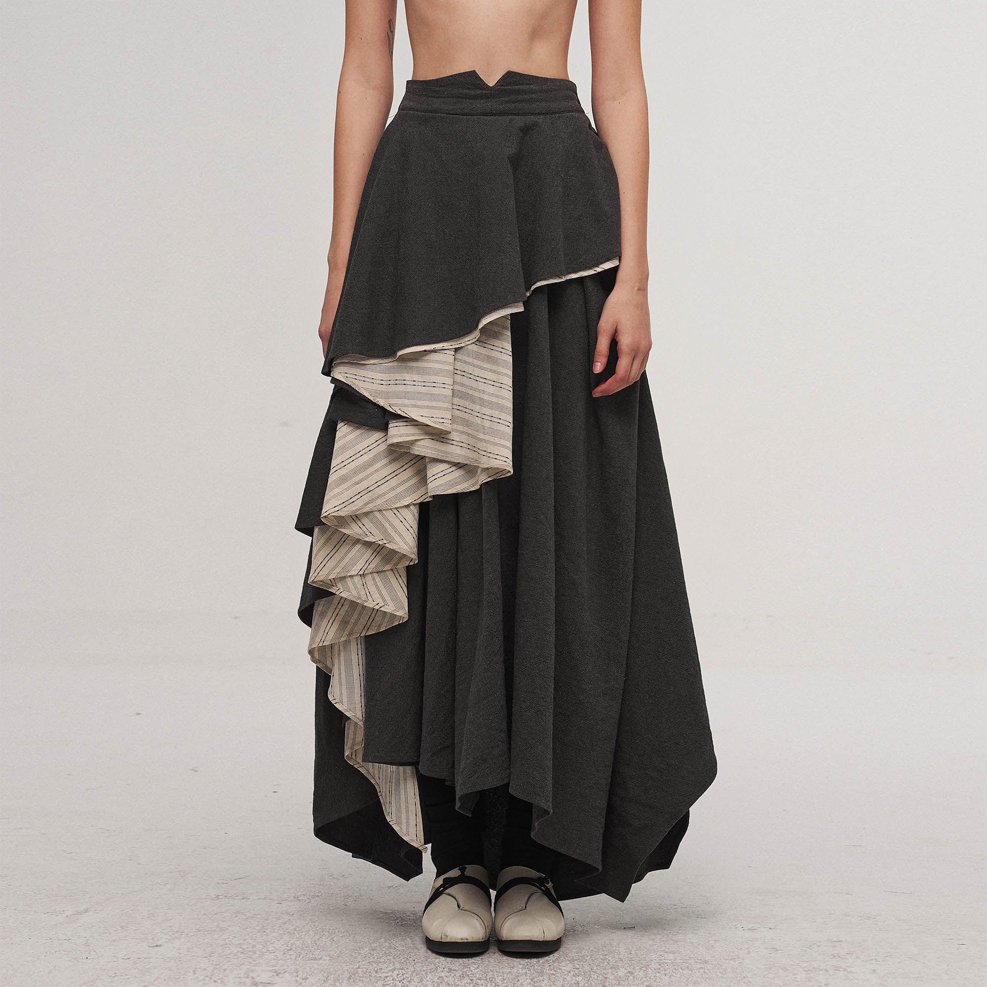 ILNya Nieternite Nifutur Asymmetrical Layered Stripe Ruffled Maxi Skirt, premium urban and streetwear designers apparel on PROJECTISR.com, ILNya Nieternite Nifutur