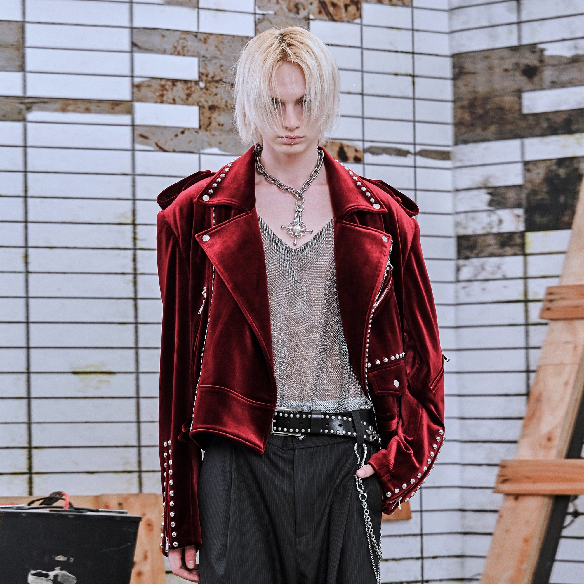FACEONLAB Red Velvet Rivet Biker Jacket, premium urban and streetwear designers apparel on PROJECTISR.com, FACEONLAB