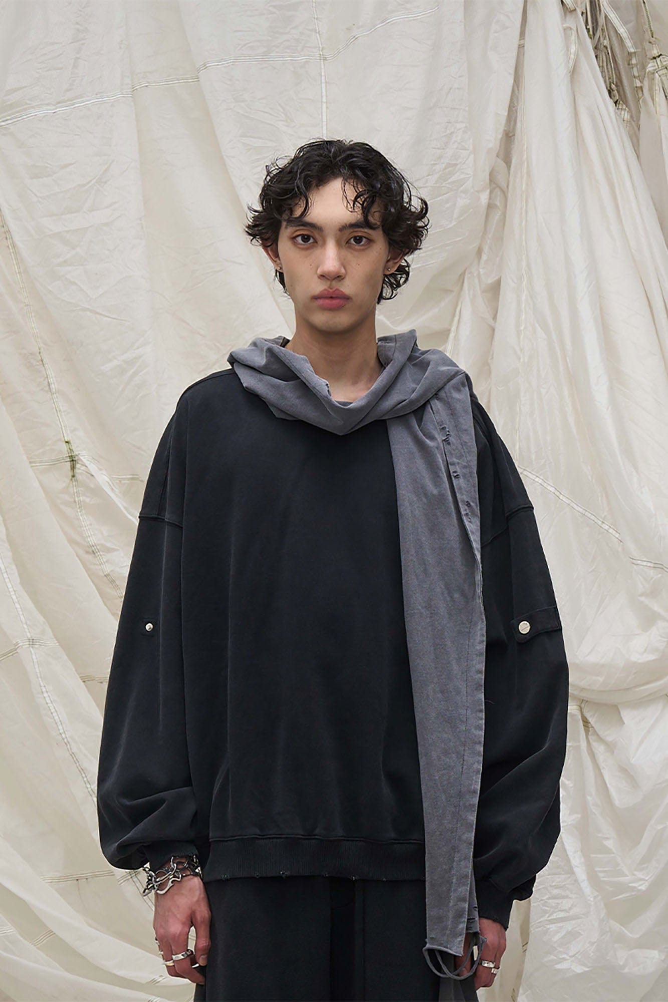 RELABEL Detachable-Hood Distressed Ripped Sweatshirt, premium urban and streetwear designers apparel on PROJECTISR.com, RELABEL