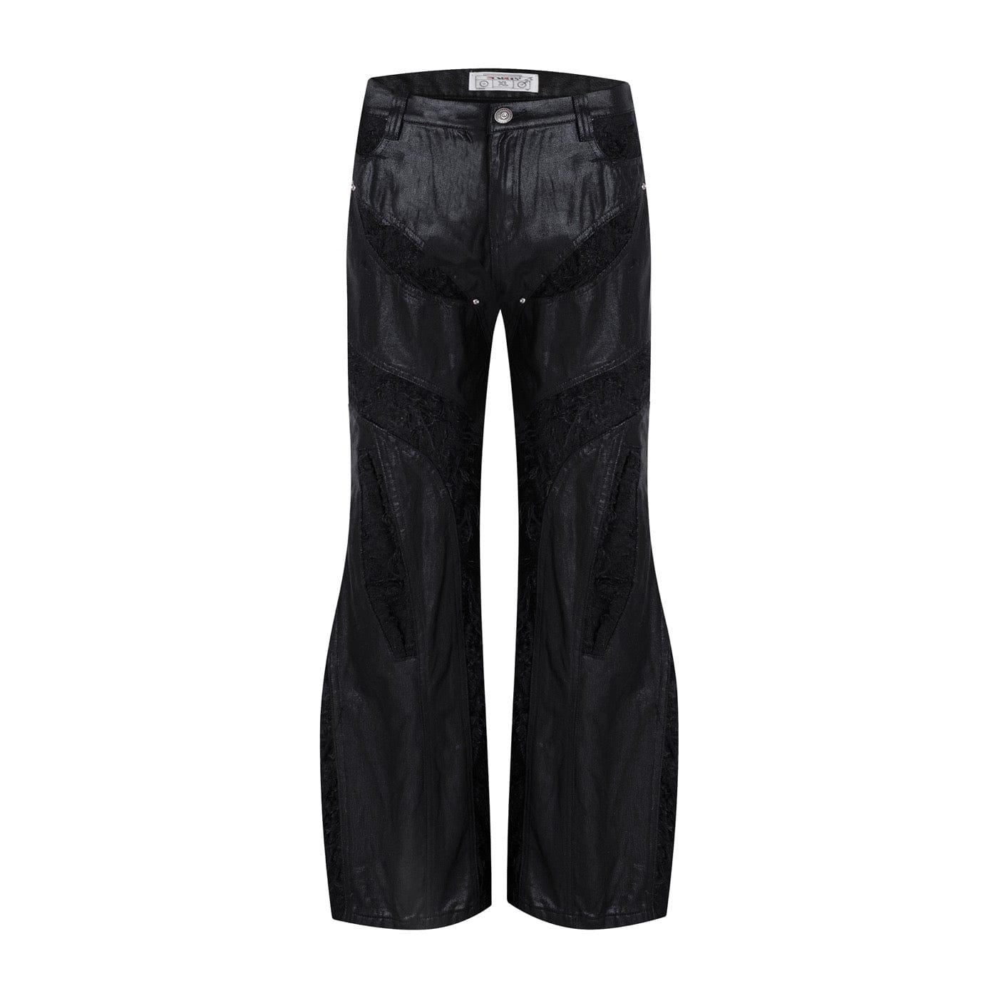 DND4DES Raw-Edge Spliced Flared Waxed Jeans, premium urban and streetwear designers apparel on PROJECTISR.com, DND4DES