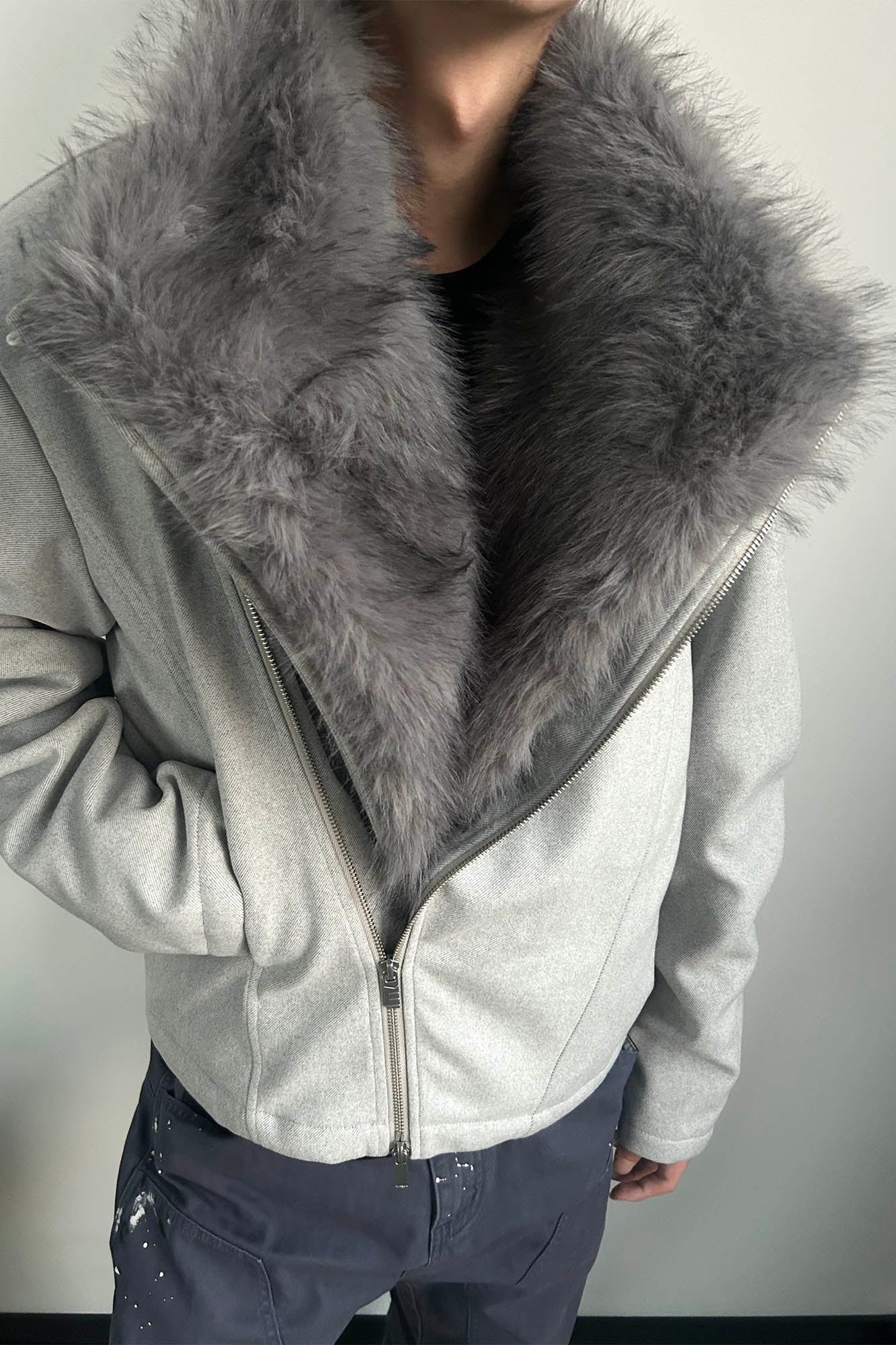 KREATE Detachable Faux Fur Collar Asymmetrical Jacket, premium urban and streetwear designers apparel on PROJECTISR.com, KREATE