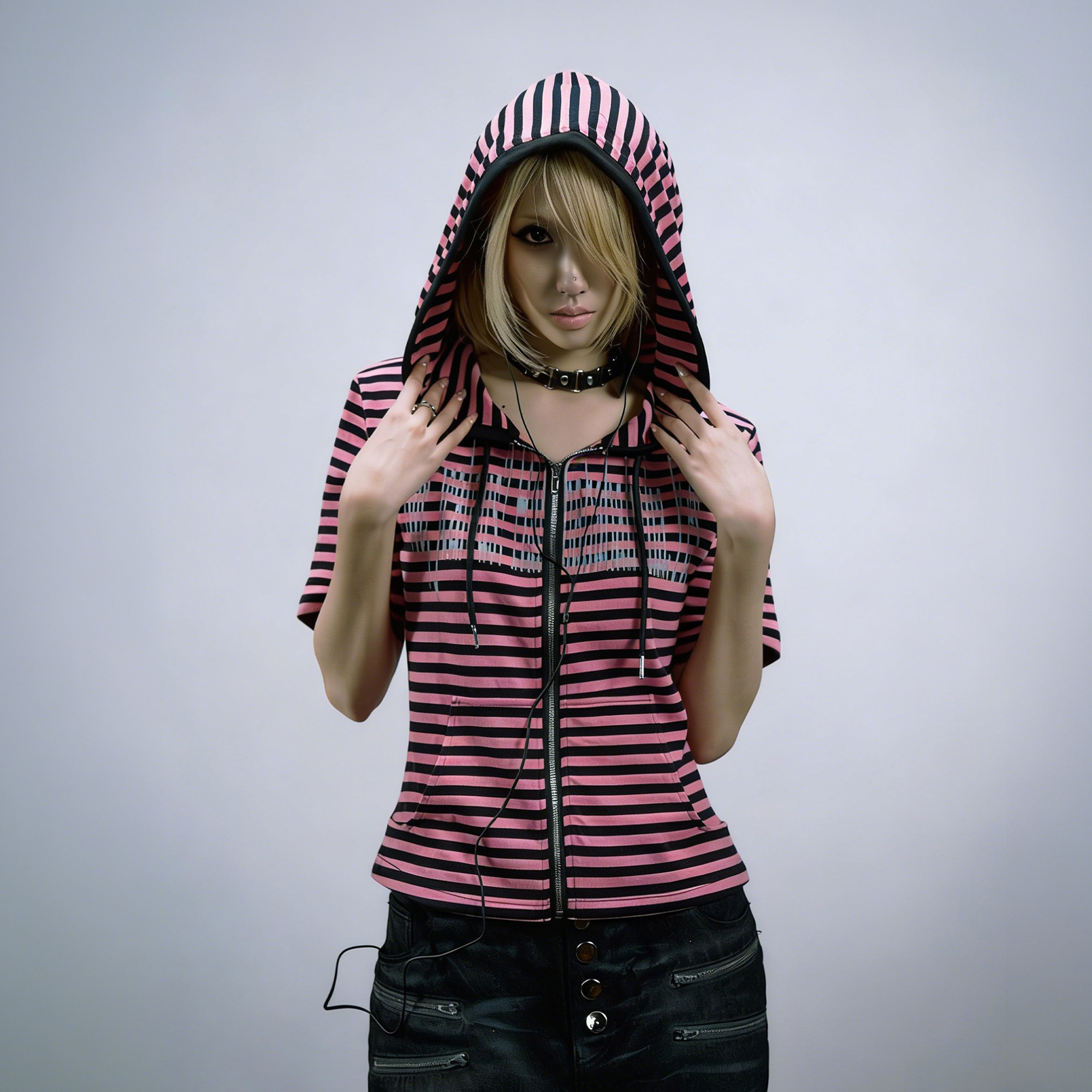 PAIKI Stripe Slogan Hooded Short-Sleeve Jacket