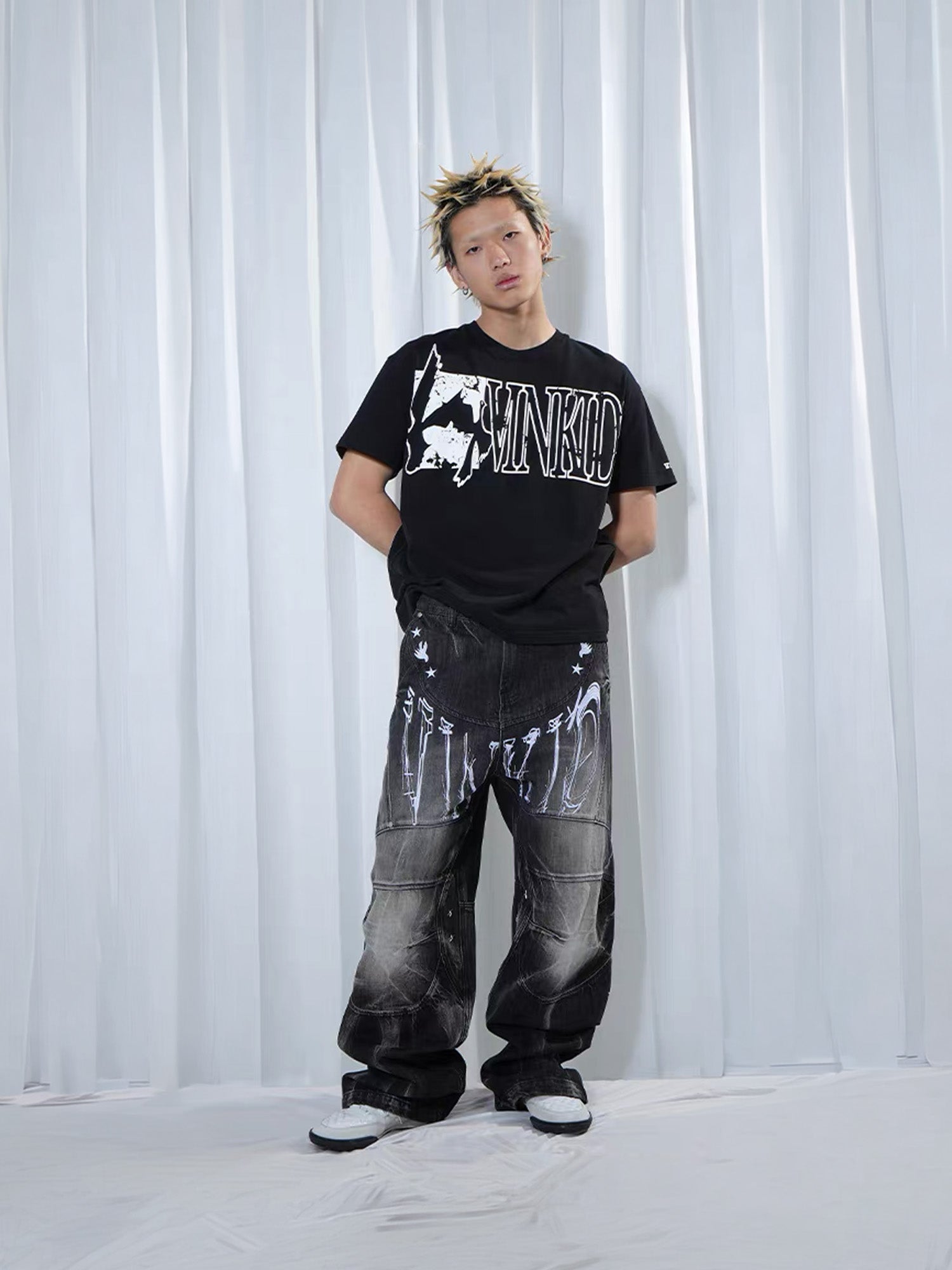 VINKID Washed Graphic Wide-Leg Jeans, premium urban and streetwear designers apparel on PROJECTISR.com, VINKID