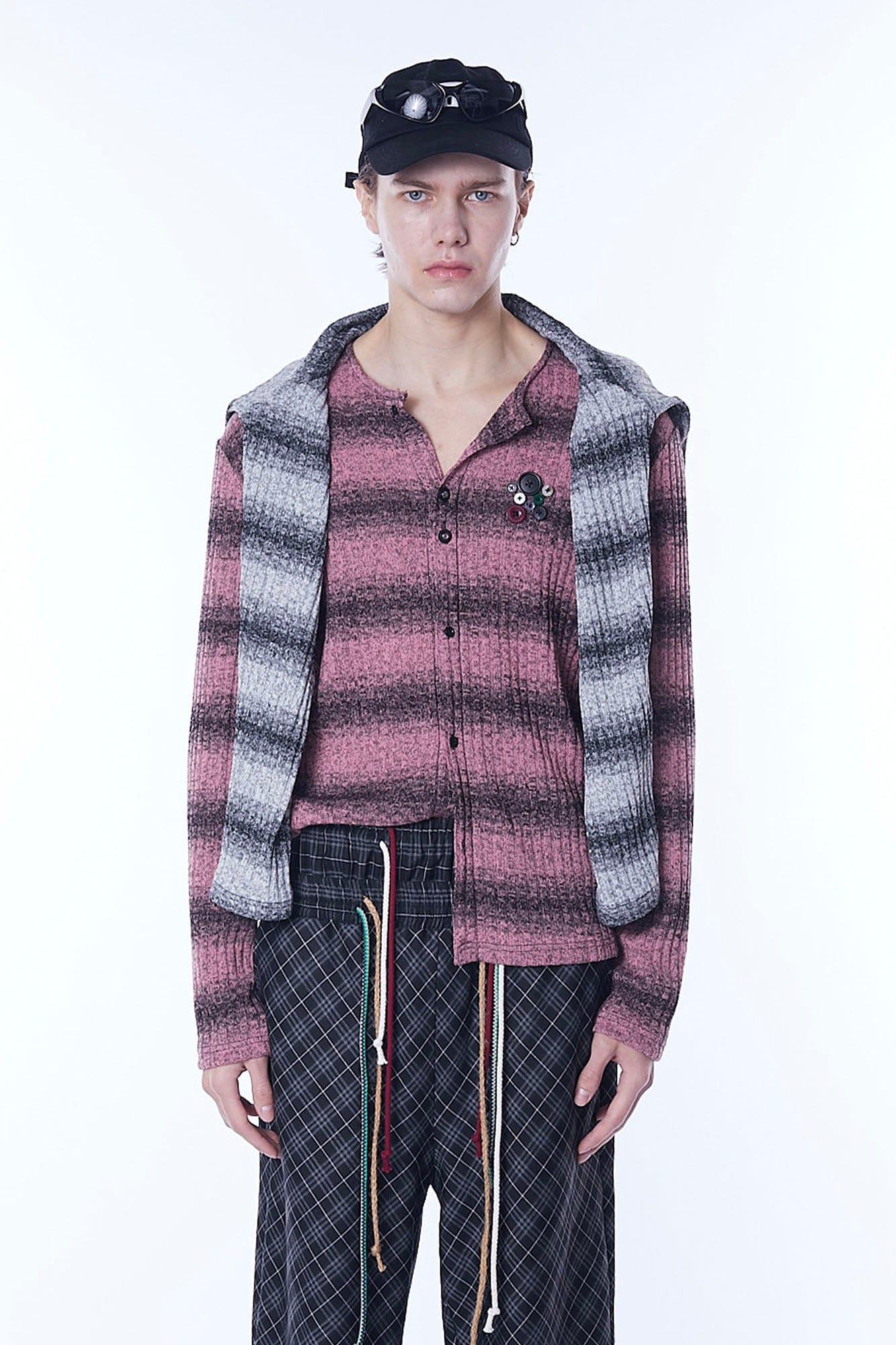 ASSEEN Horizontal Gradient Stripe Button Cardigan Pink, premium urban and streetwear designers apparel on PROJECTISR.com, ASSEEN