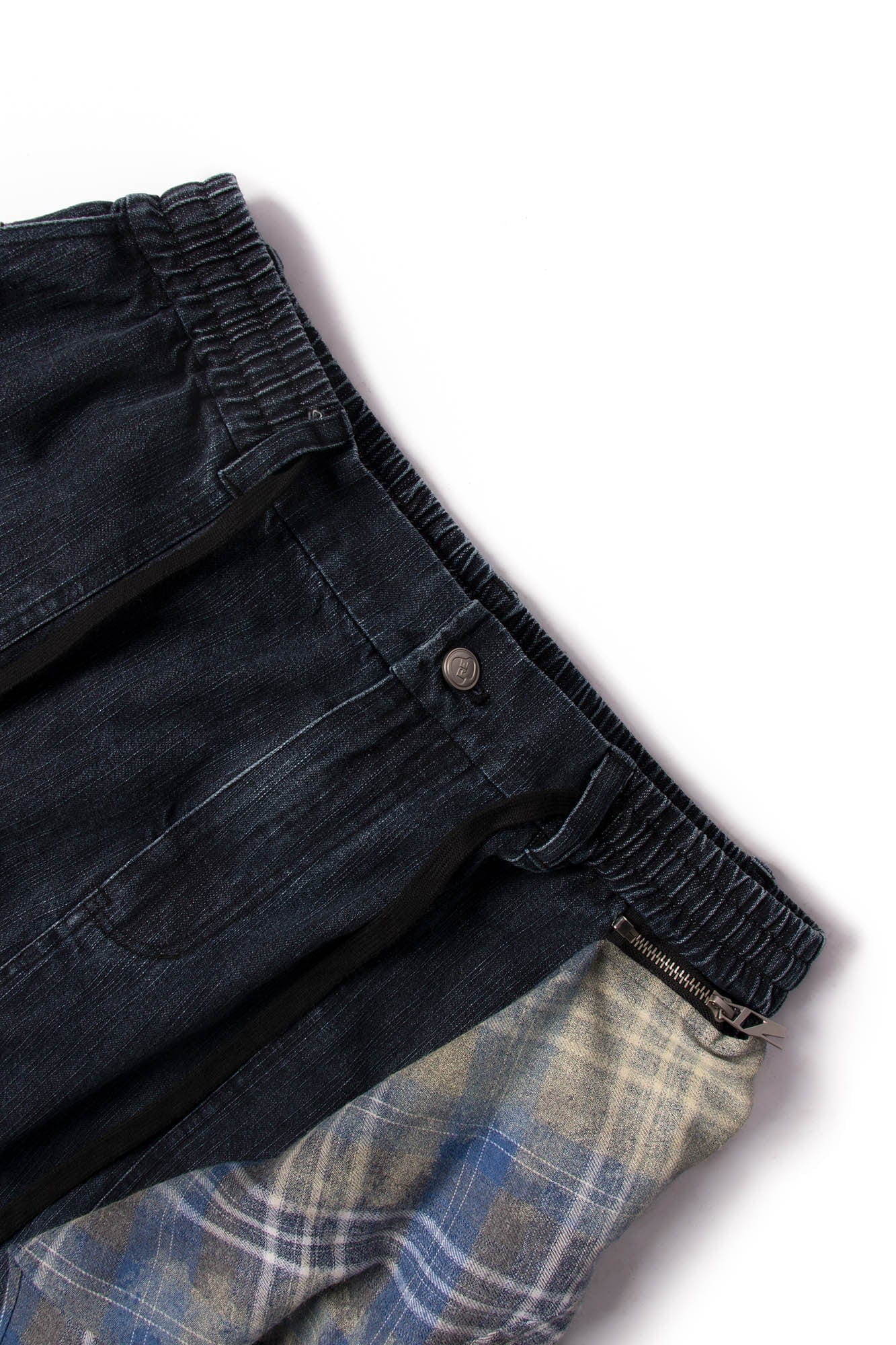 RELABEL Detachable Plaid Drape Denim Shorts, premium urban and streetwear designers apparel on PROJECTISR.com, RELABEL