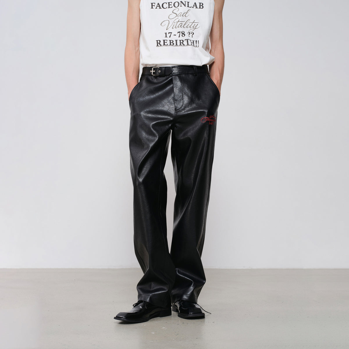 FACEONLAB Embroidered Straight-Leg Faux Leather Pants