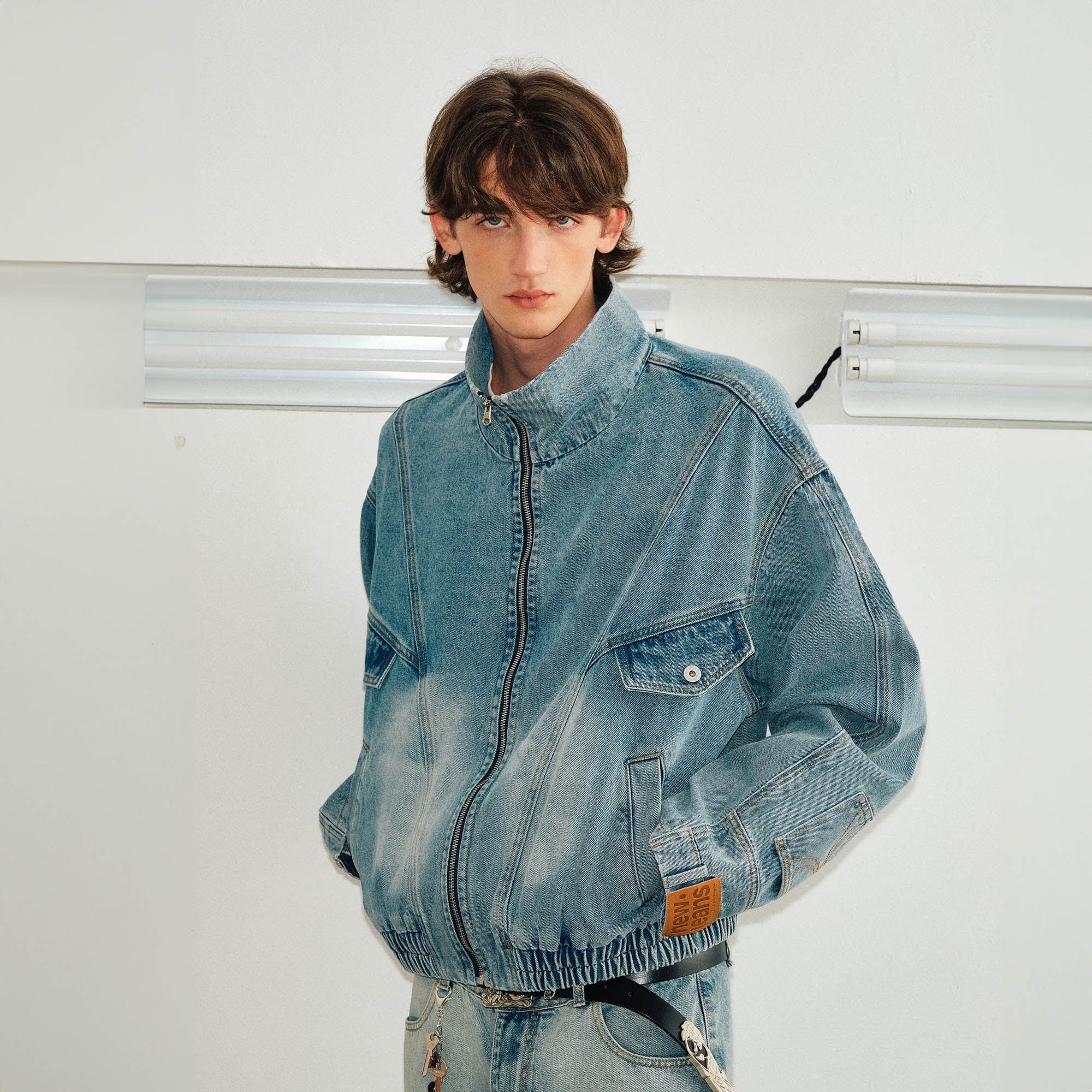 KREATE Jeans Cuff Spliced Stand Collar Jacket, premium urban and streetwear designers apparel on PROJECTISR.com, KREATE