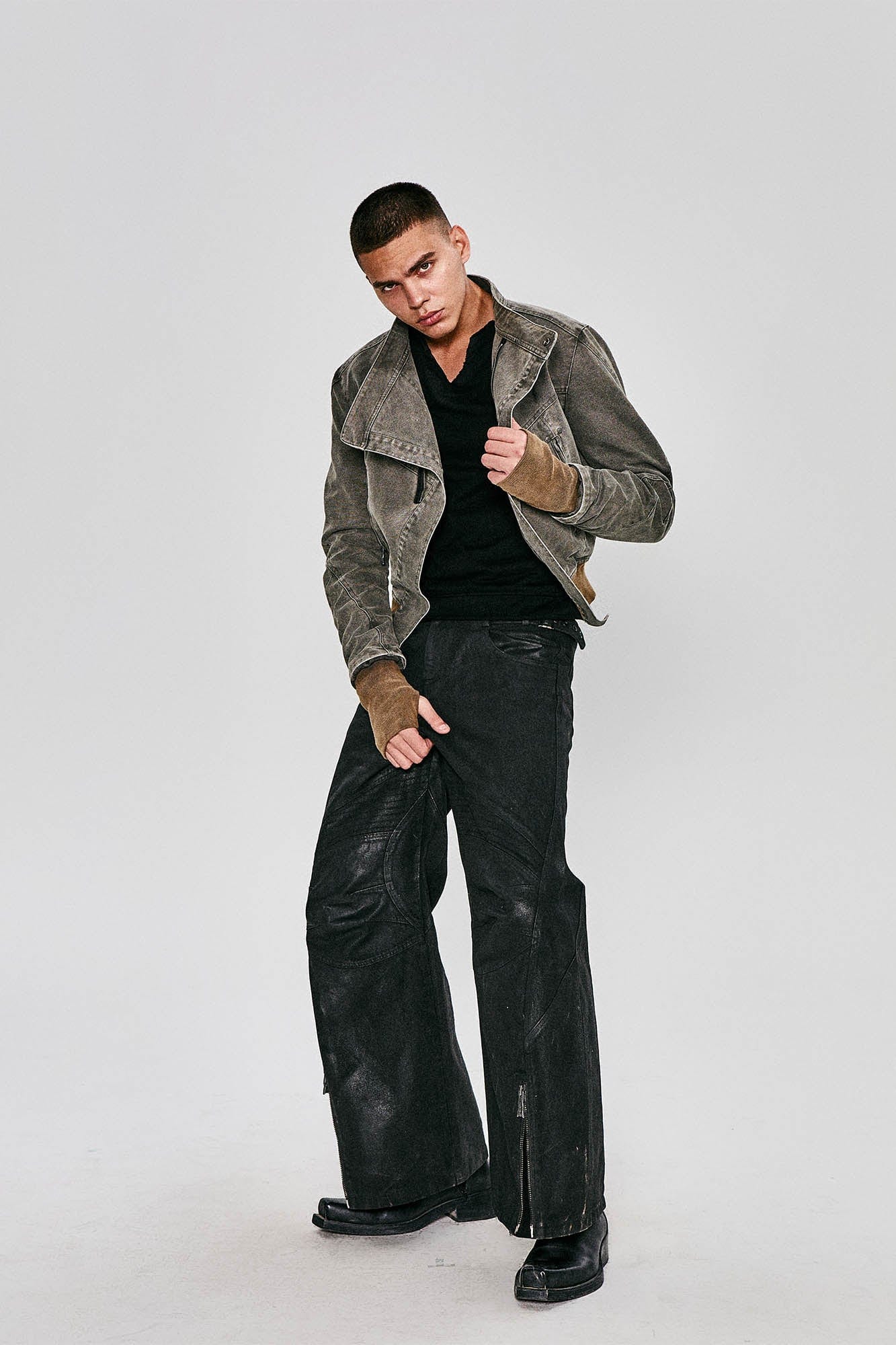 FLYERRER Waxed Deconstructed-Knee Zip-Hem Flared Pants, premium urban and streetwear designers apparel on PROJECTISR.com, FLYERRER