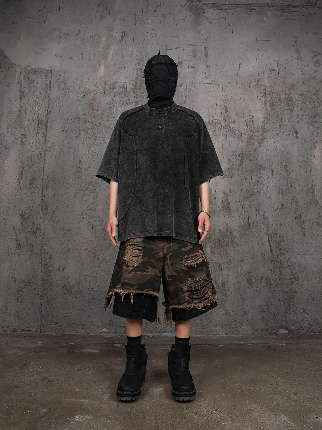 UNDERWATER Double-Layered Ripped Black Shorts Camo, premium urban and streetwear designers apparel on PROJECTISR.com, UNDERWATER