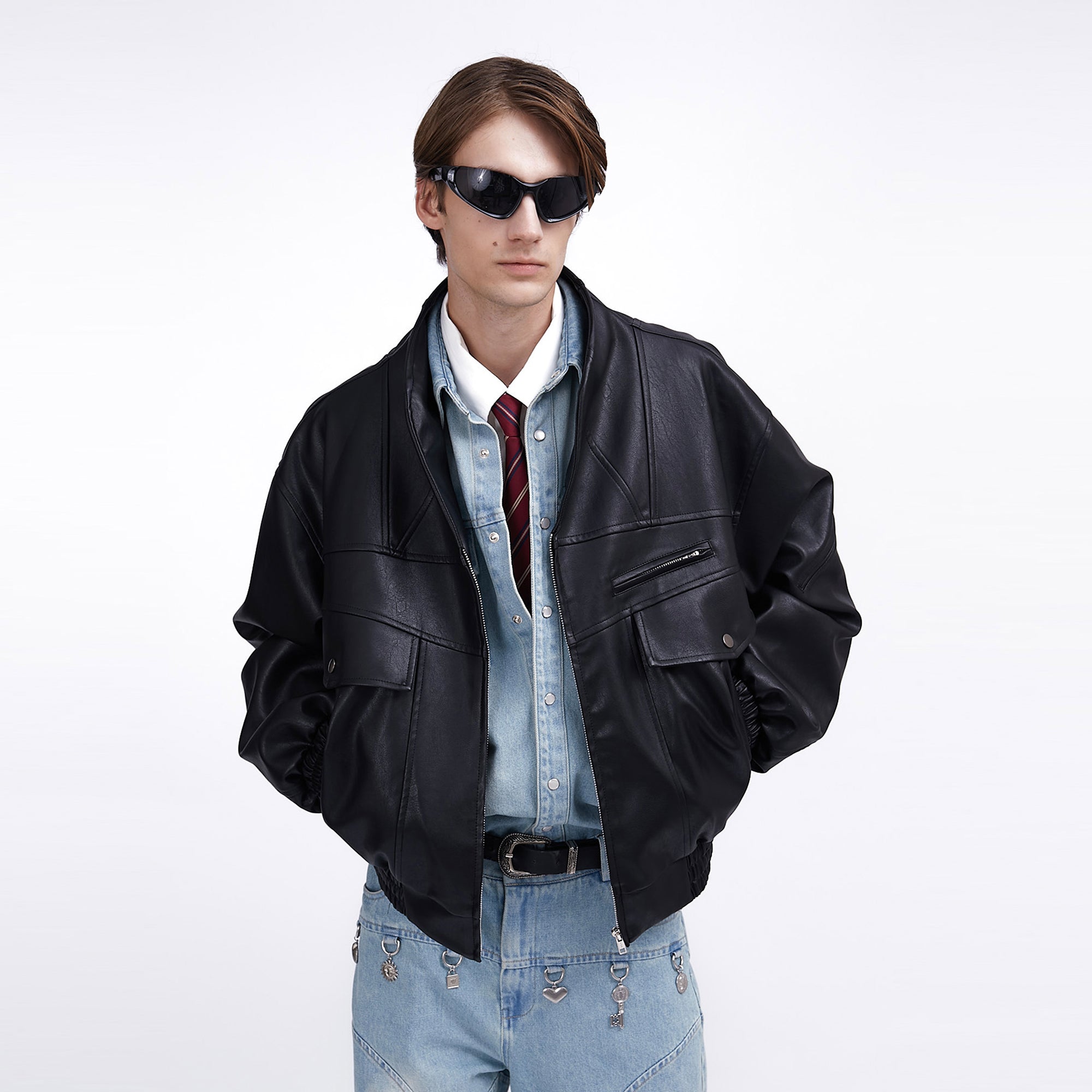 ASSEEN Oversized Paneled Utility Faux Leather Jacket