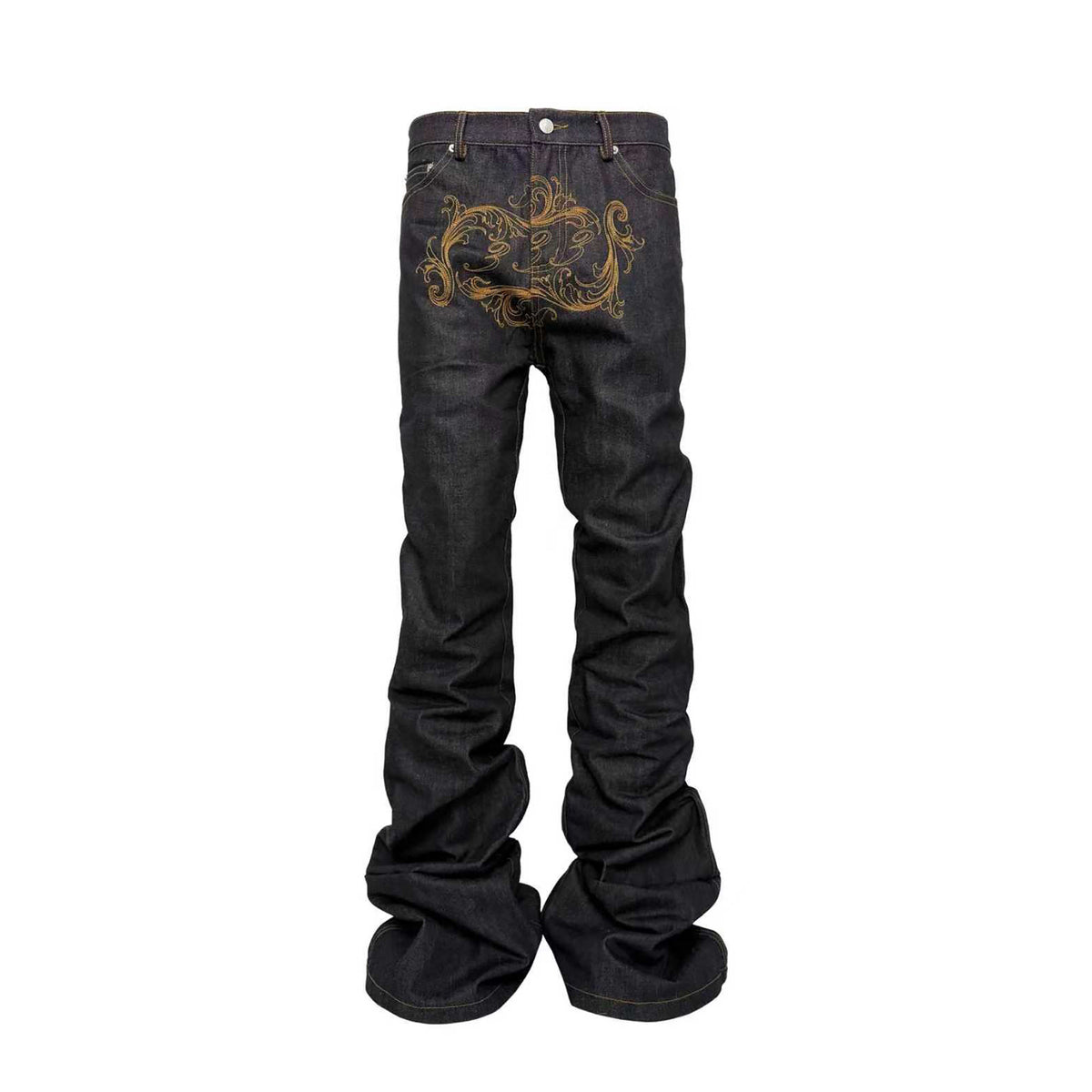 PCCVISION Baroque Embroidered Raw Denim Stacked Jeans