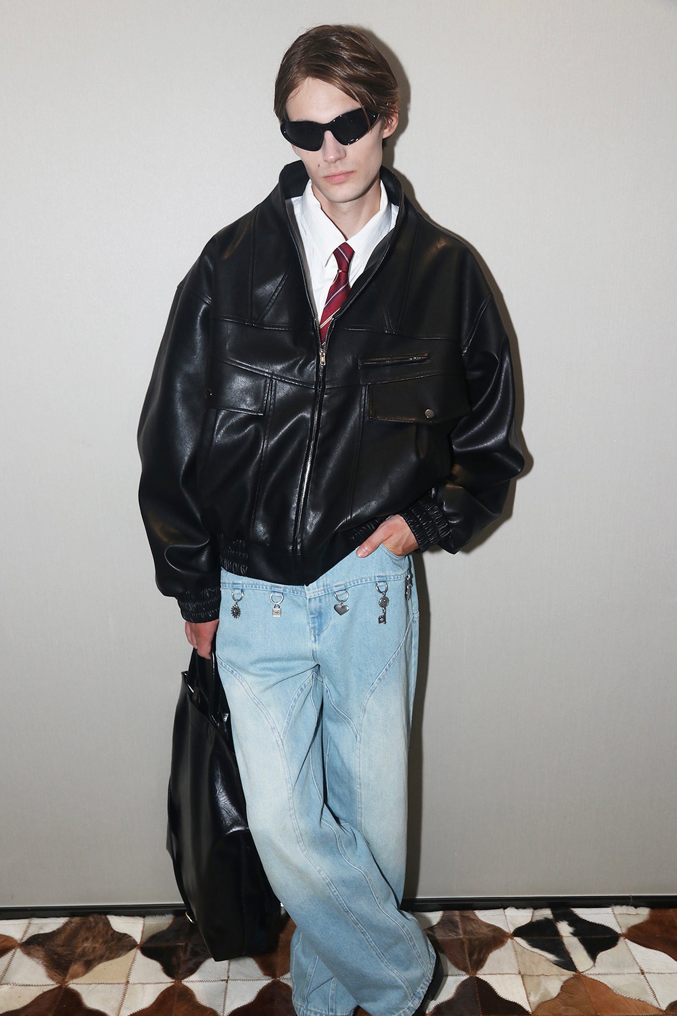 ASSEEN Oversized Paneled Utility Faux Leather Jacket