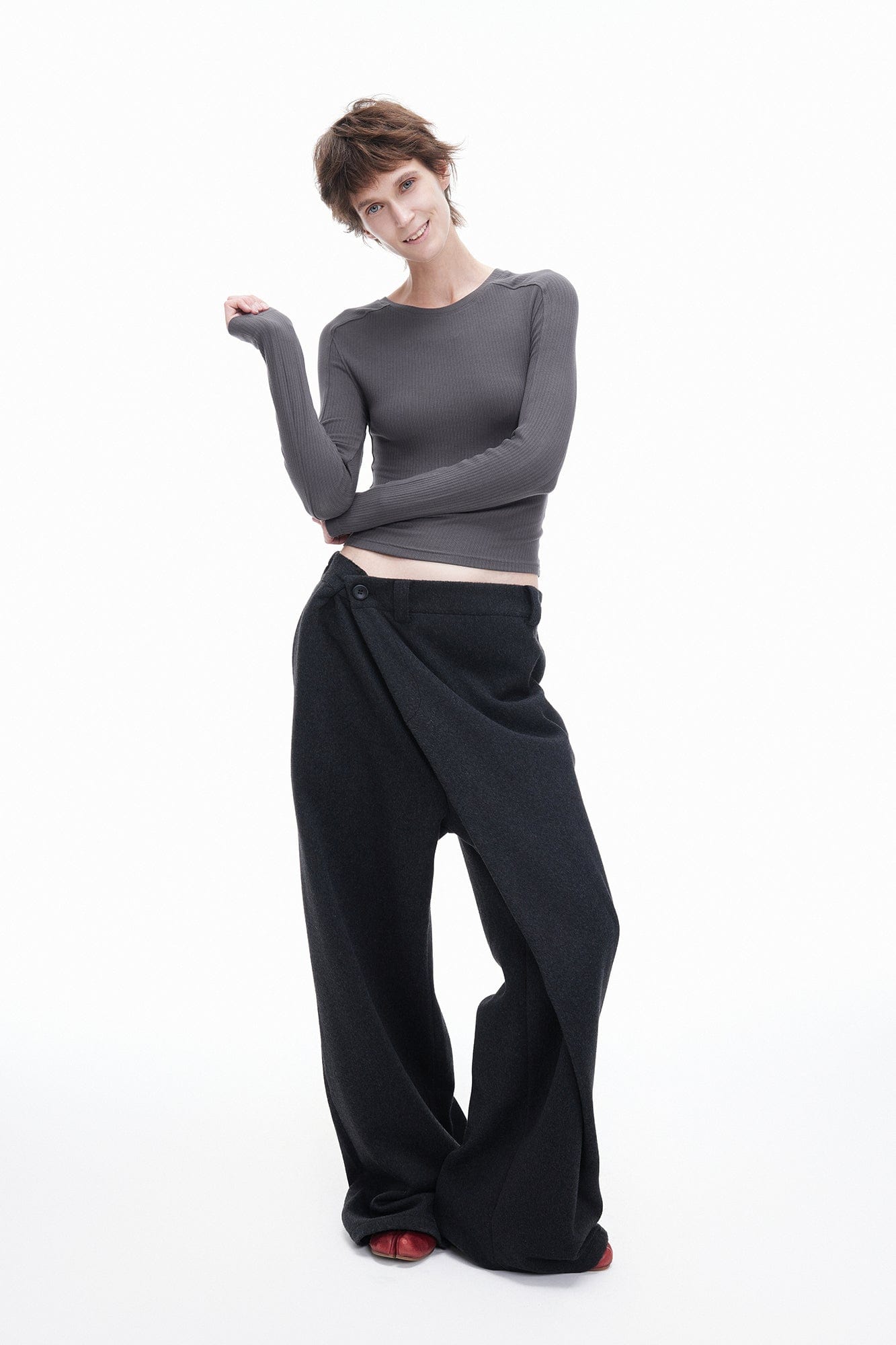 ARTIFICIAL WORLD Asymmetrical Overlay Wool Wide-Leg Pants, premium urban and streetwear designers apparel on PROJECTISR.com, ARTIFICIAL WORLD