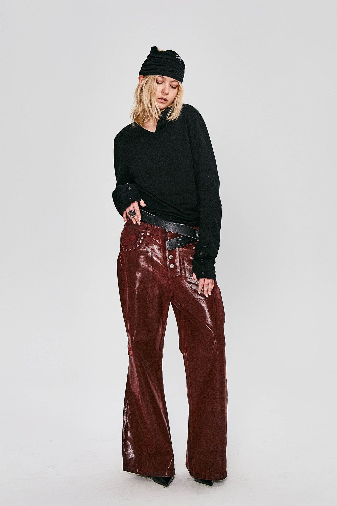 FLYERRER Waxed Spliced Studded Flared Pants, premium urban and streetwear designers apparel on PROJECTISR.com, FLYERRER