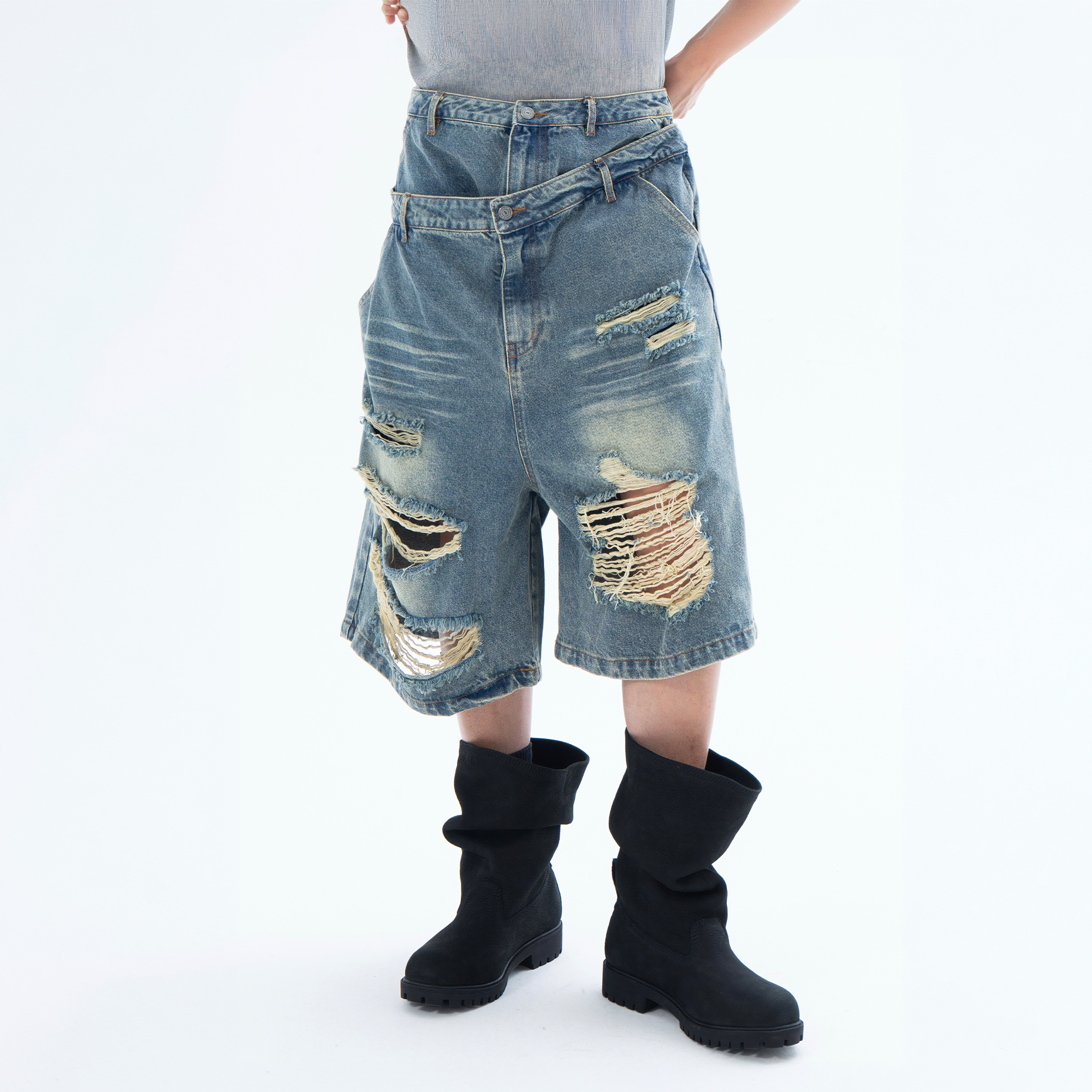 CLP Distressed Double-Waist Denim Shorts