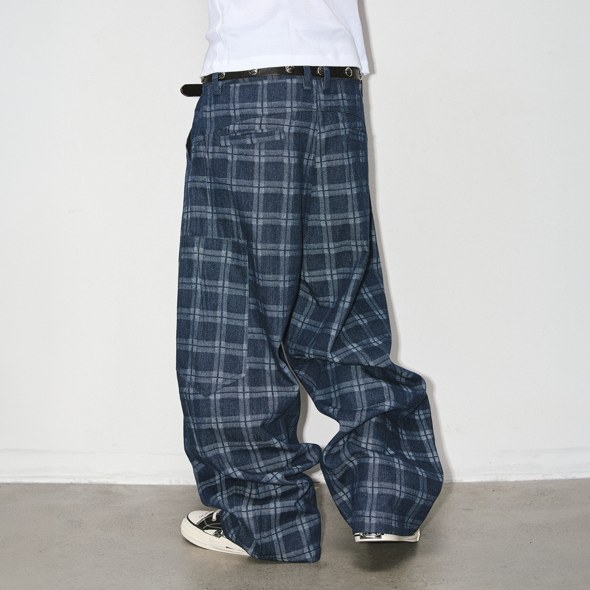 NOVACAM Retro Plaid Wide-Leg Jeans