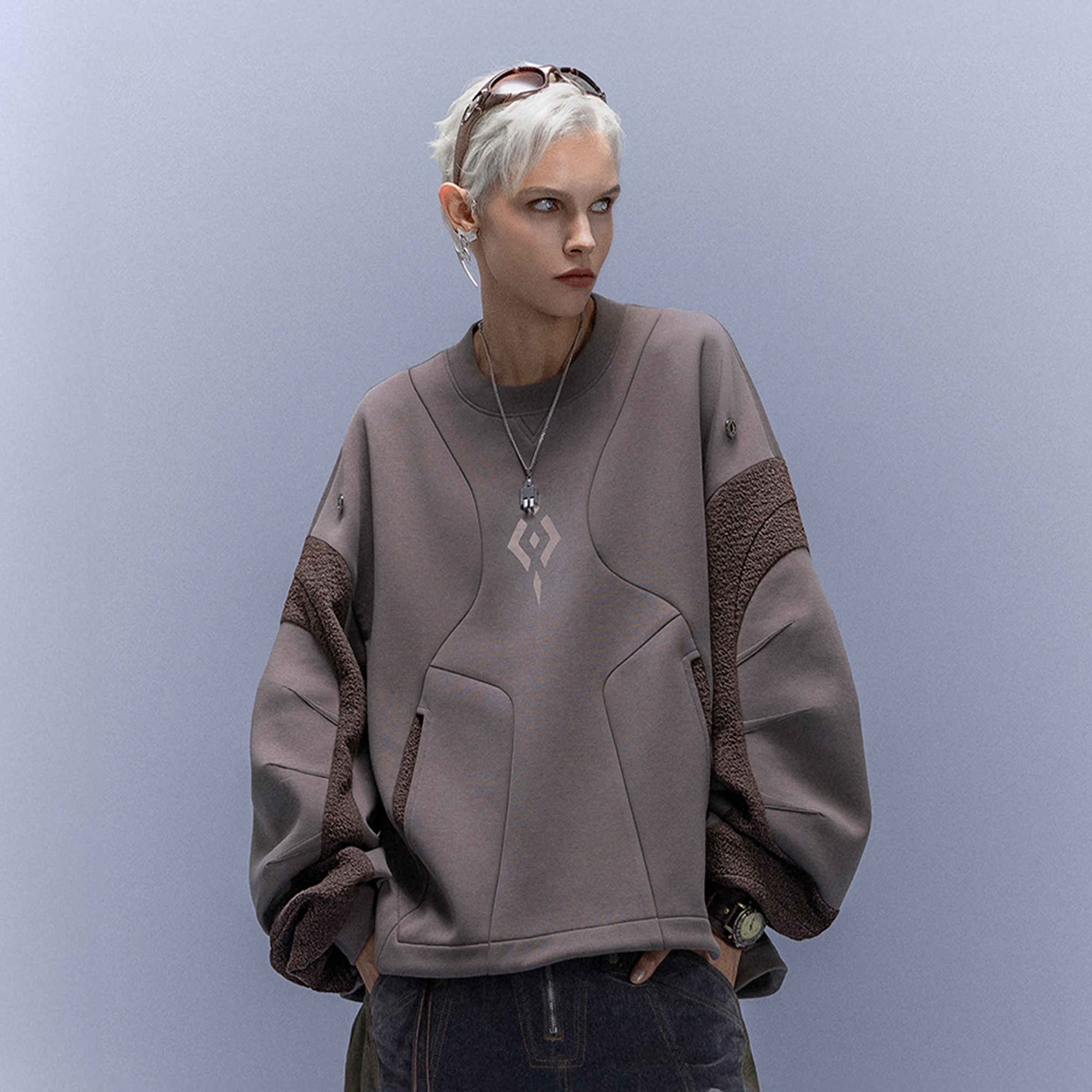 XIPHEVIL Utility Paneled Crewneck Sweatshirt Coffee